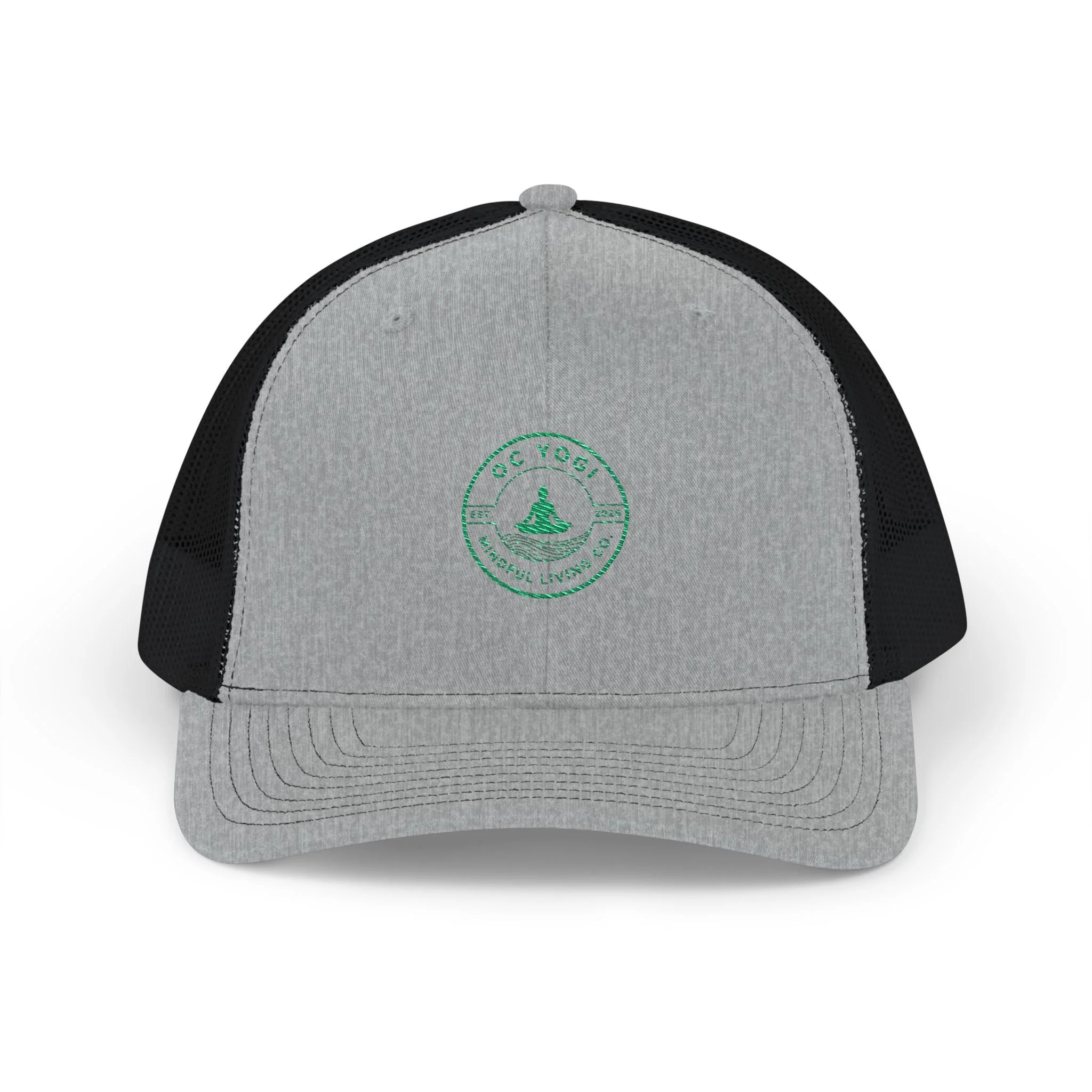 OC YOGI EST.2025, Mindful Living CO. Embroidered Trucker Cap — Vintage Green Compass Logo Snapback