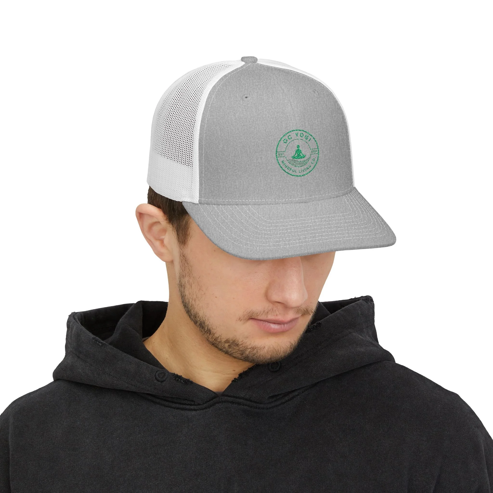 OC YOGI EST.2025, Mindful Living CO. Embroidered Trucker Cap — Vintage Green Compass Logo Snapback