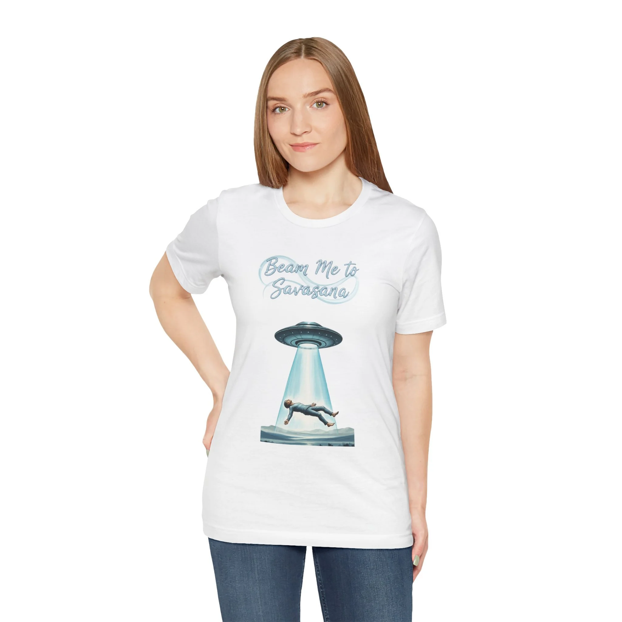 T-Shirt — "Beam Me to Savasana" UFO Yoga Tee — Unisex