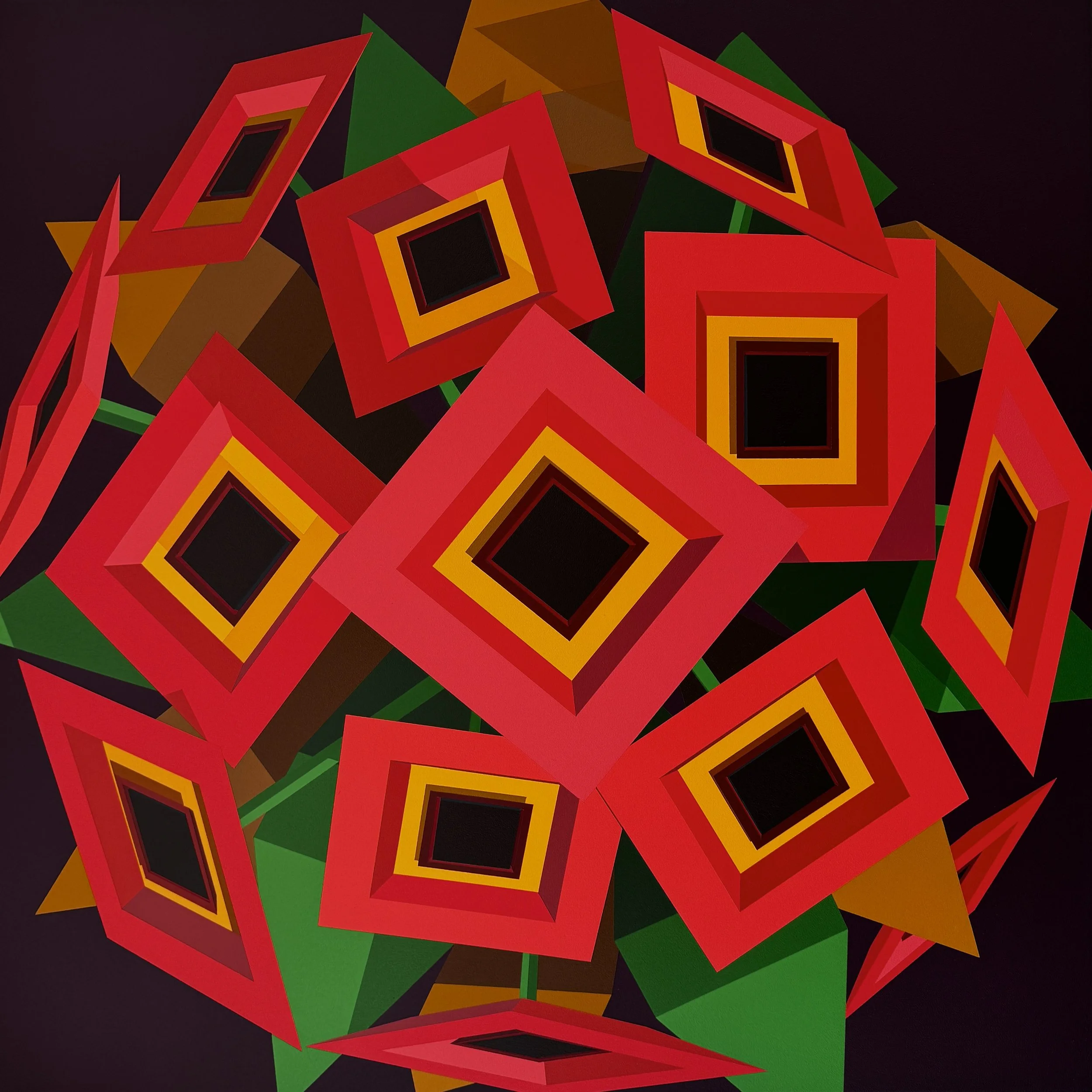 A stylized digital illustration of a bouquet of yellow roses with dark centers, surrounded by green leaves.