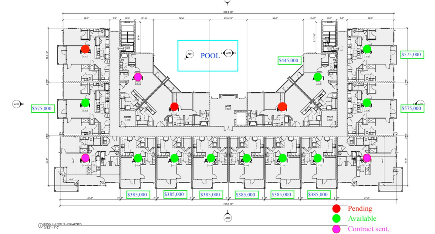 Floor plan of an apartment complex with various units marked by colored dots indicating their status: green for available, pink for contract sent, red for pending; with prices listed for some units and a central pool labeled in blue.