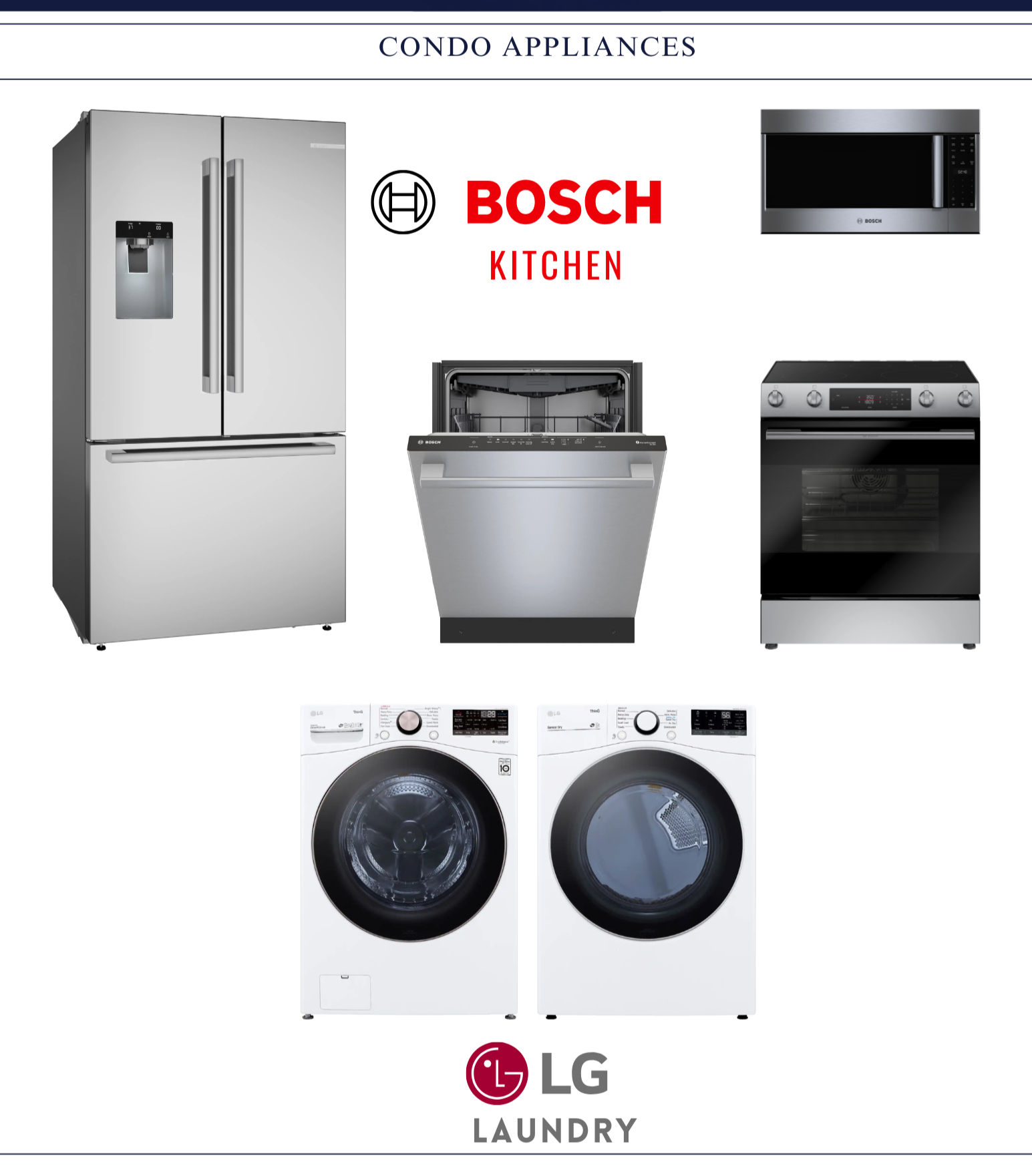 A collection of Bosch kitchen appliances, including a refrigerator, microwave, dishwasher, and oven, along with LG laundry appliances at the bottom, all arranged on a white background with the Bosch and LG logos.