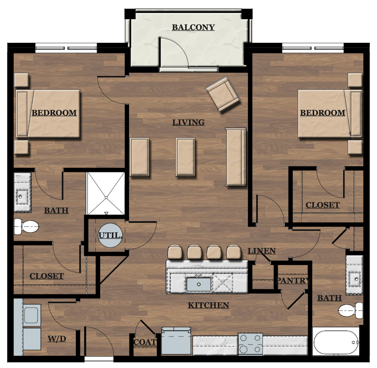 Floor plan of a two-bedroom apartment with two bathrooms, kitchen, living room, balcony, walk-in closets, pantry, laundry area, and utility space.