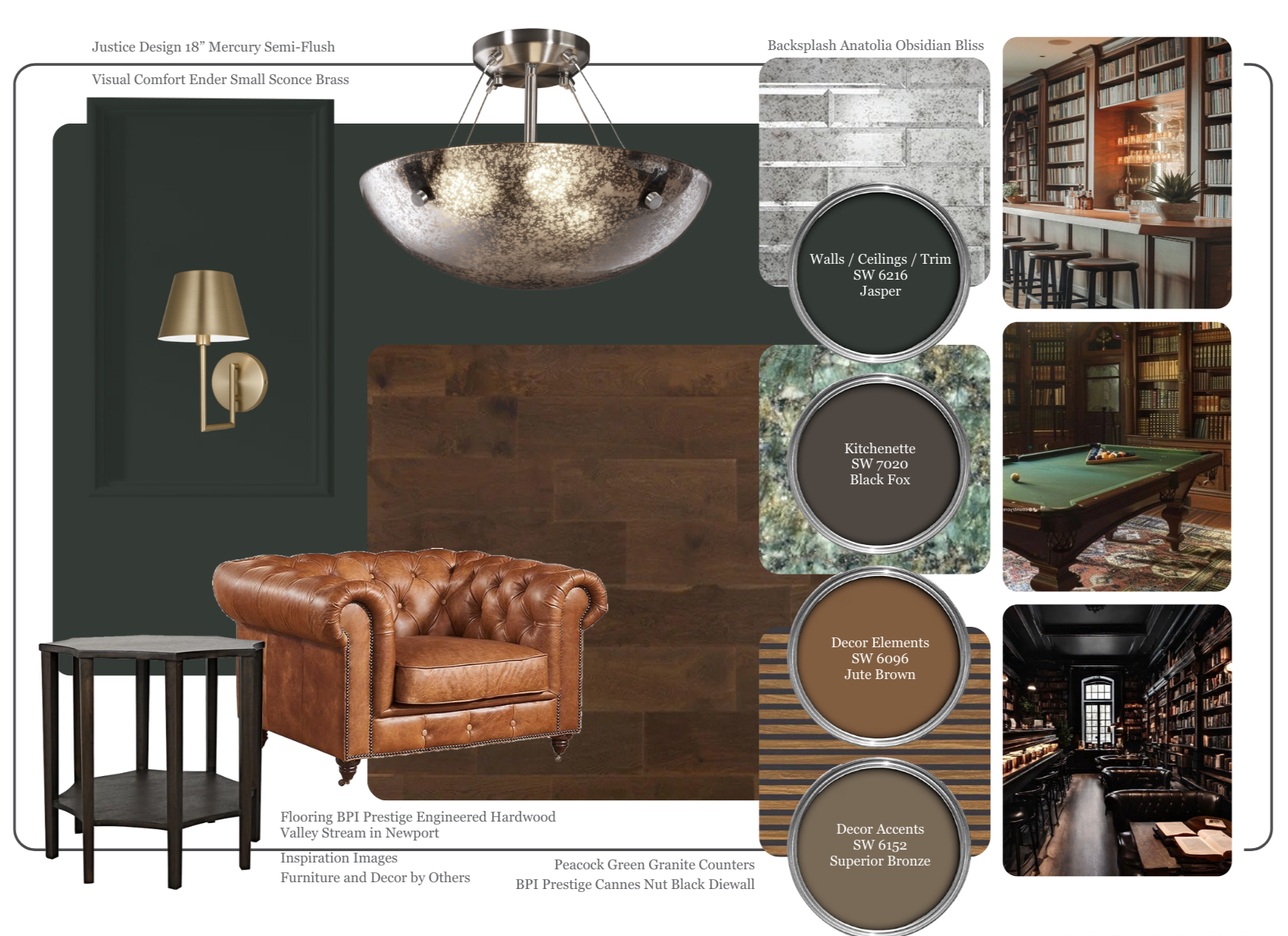 A mood board featuring interior design elements for a library or study room, including lighting fixtures, wall colors, flooring, furniture, and decor styles with note tags for materials and color codes.