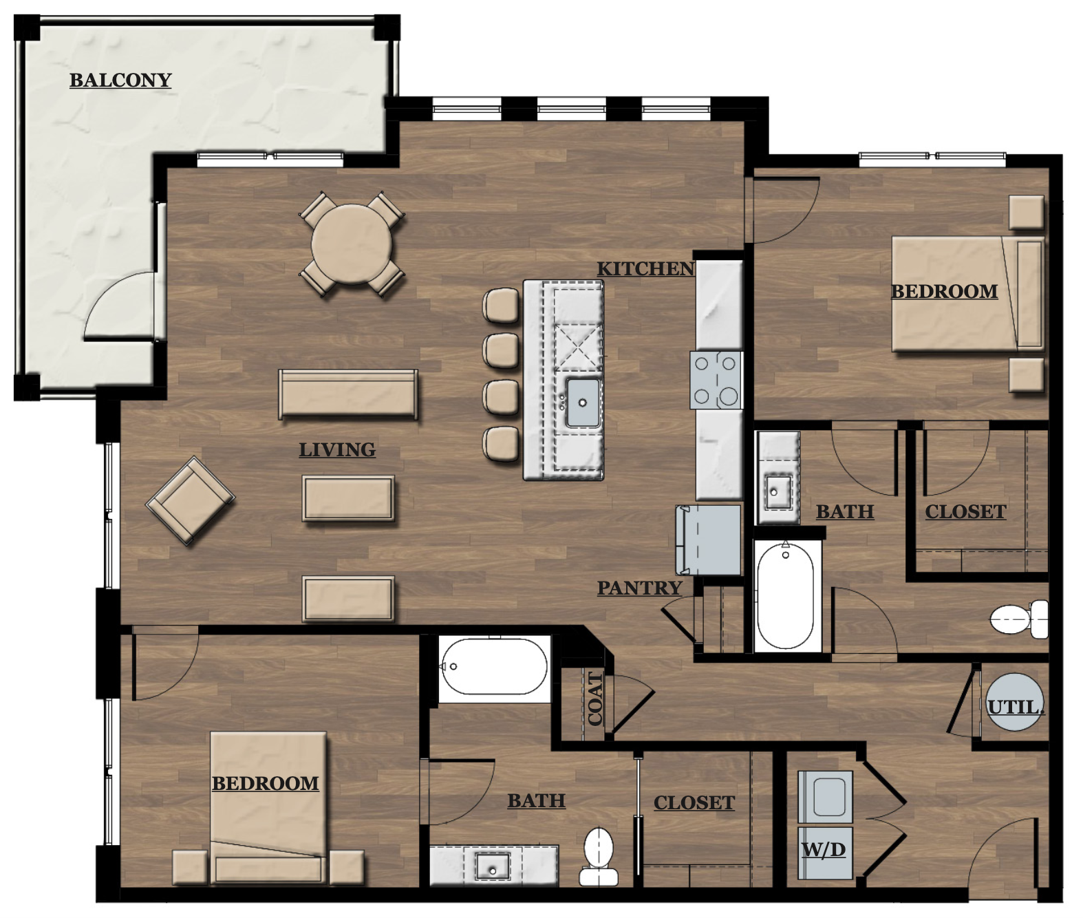 A detailed floor plan of an apartment including a living room, kitchen, bedroom, bathroom, balcony, pantry, closets, utility room, and labels for various areas.