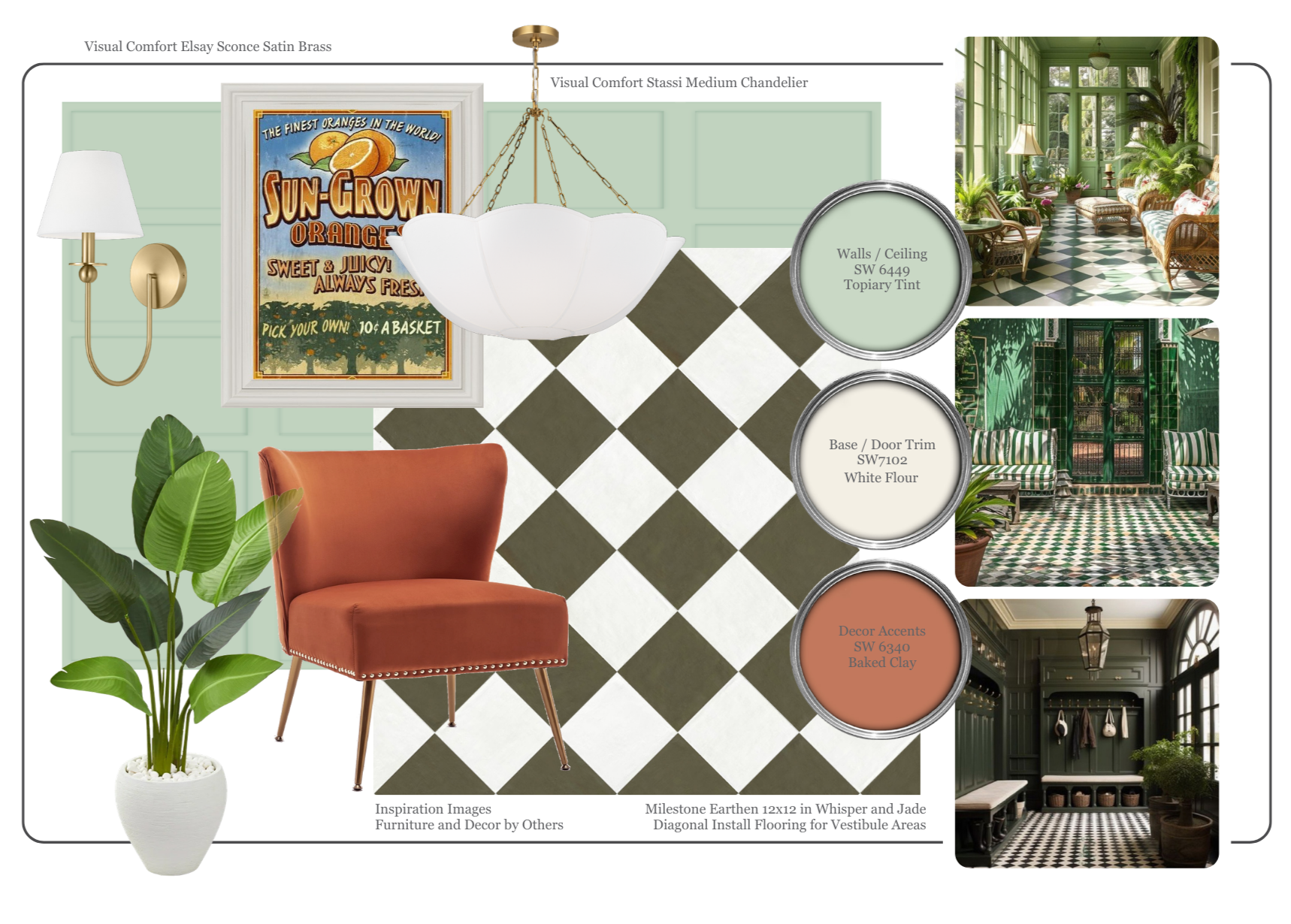Interior design color and decor palette with sample images. Features of green walls with topiary tint, white and earthy terracotta colors, and various patterned tile floors. Shows a vintage sun-grown orange fruit poster, a brass sconce wall light, a white pendant chandelier, a green porch with furniture, and a hallway with black and white patterned floors, green walls, and shelving.