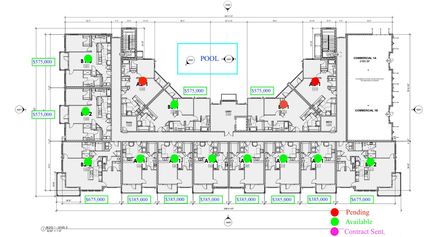 A detailed architectural floor plan of a building, showing rooms, stairs, and a pool area. The plan includes color-coded markers indicating property status: red for pending, green for available, and magenta for contract sent, with accompanying property prices.