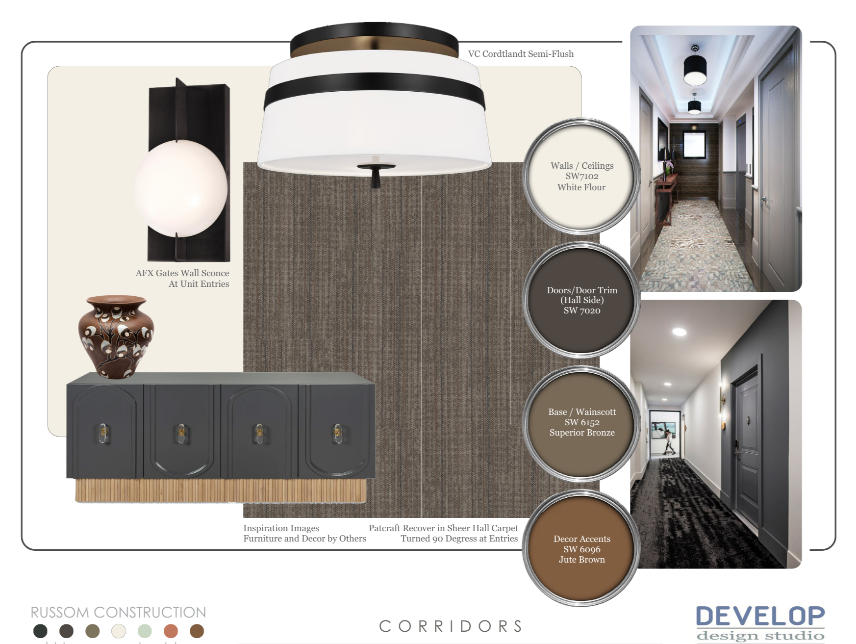 A design board for interior decorating, featuring a photo of a corridor with ceiling lights, a closet with doors, a runner carpet, and color swatches for walls and decor, with color names and codes.