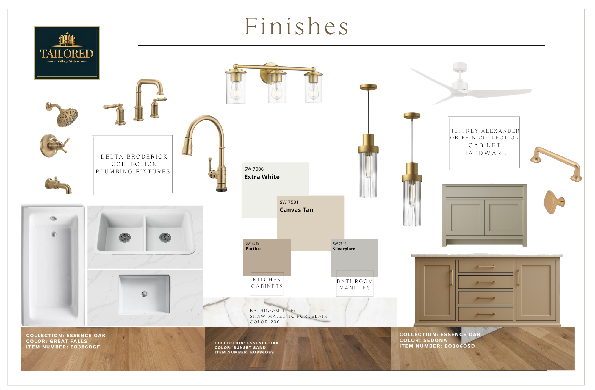 Design board displaying finishes and fixtures for kitchen and bathroom, including brass plumbing fixtures, various lighting fixtures, kitchen cabinet colors, bathroom tile options, sinks, vanities, and a ceiling fan, with brand and collection details.