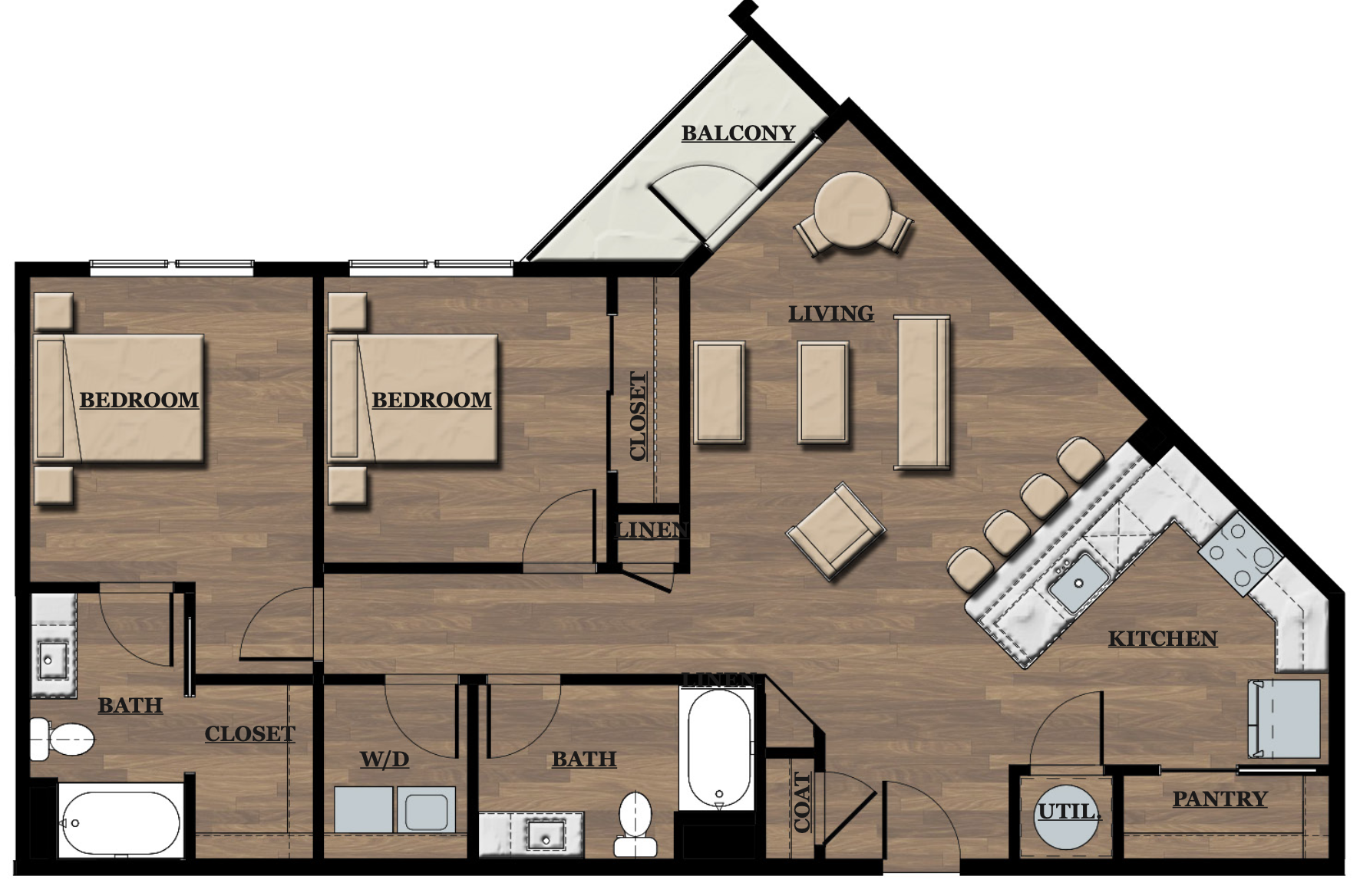 Floor plan of an apartment featuring two bedrooms, two bathrooms, a kitchen with a breakfast bar, a living room with seating, a balcony, and various closets.