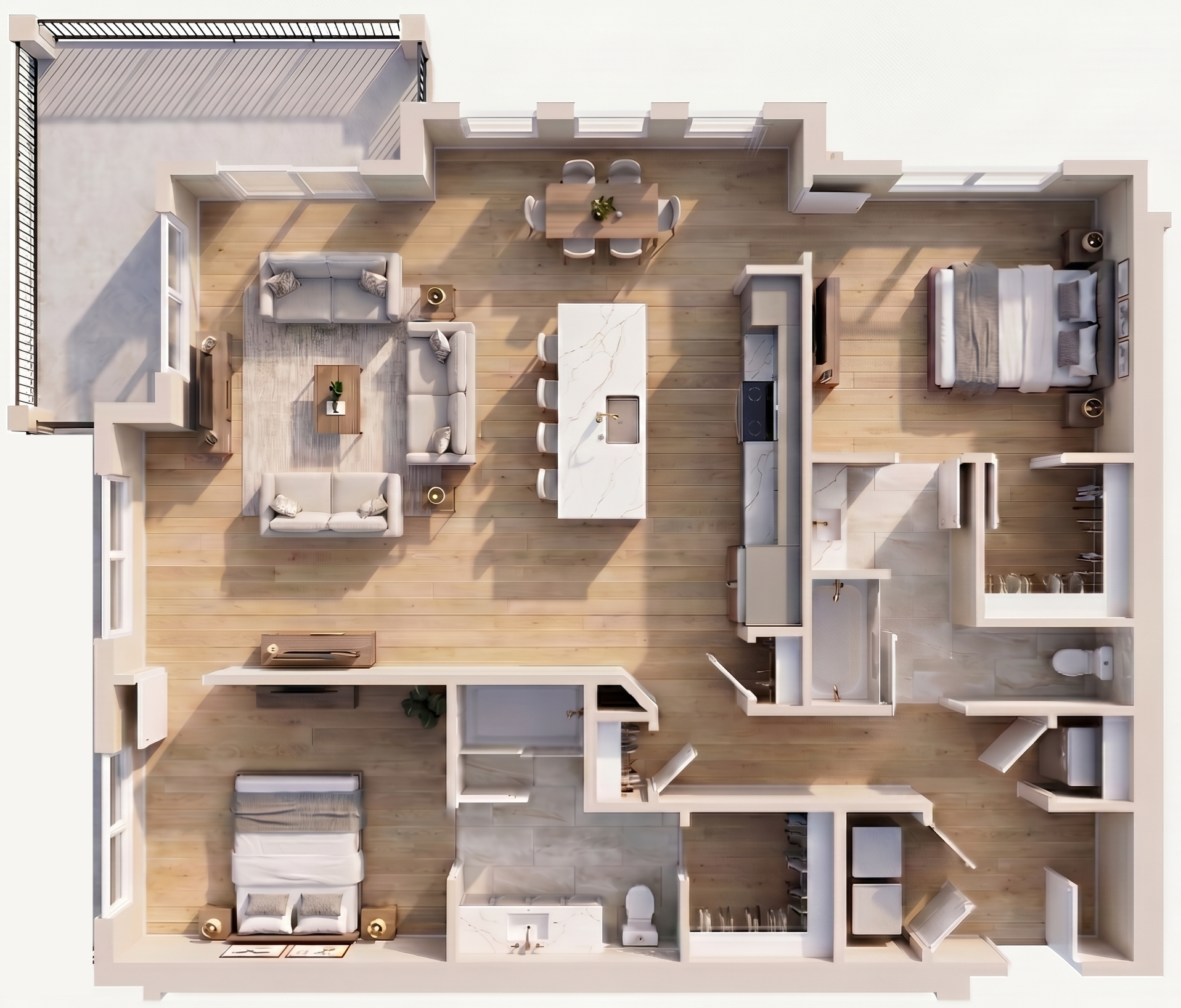 Top-down view of an open-concept apartment with a living room, dining area, kitchen, bedroom, bathroom, and balcony, featuring modern decor and wooden flooring.