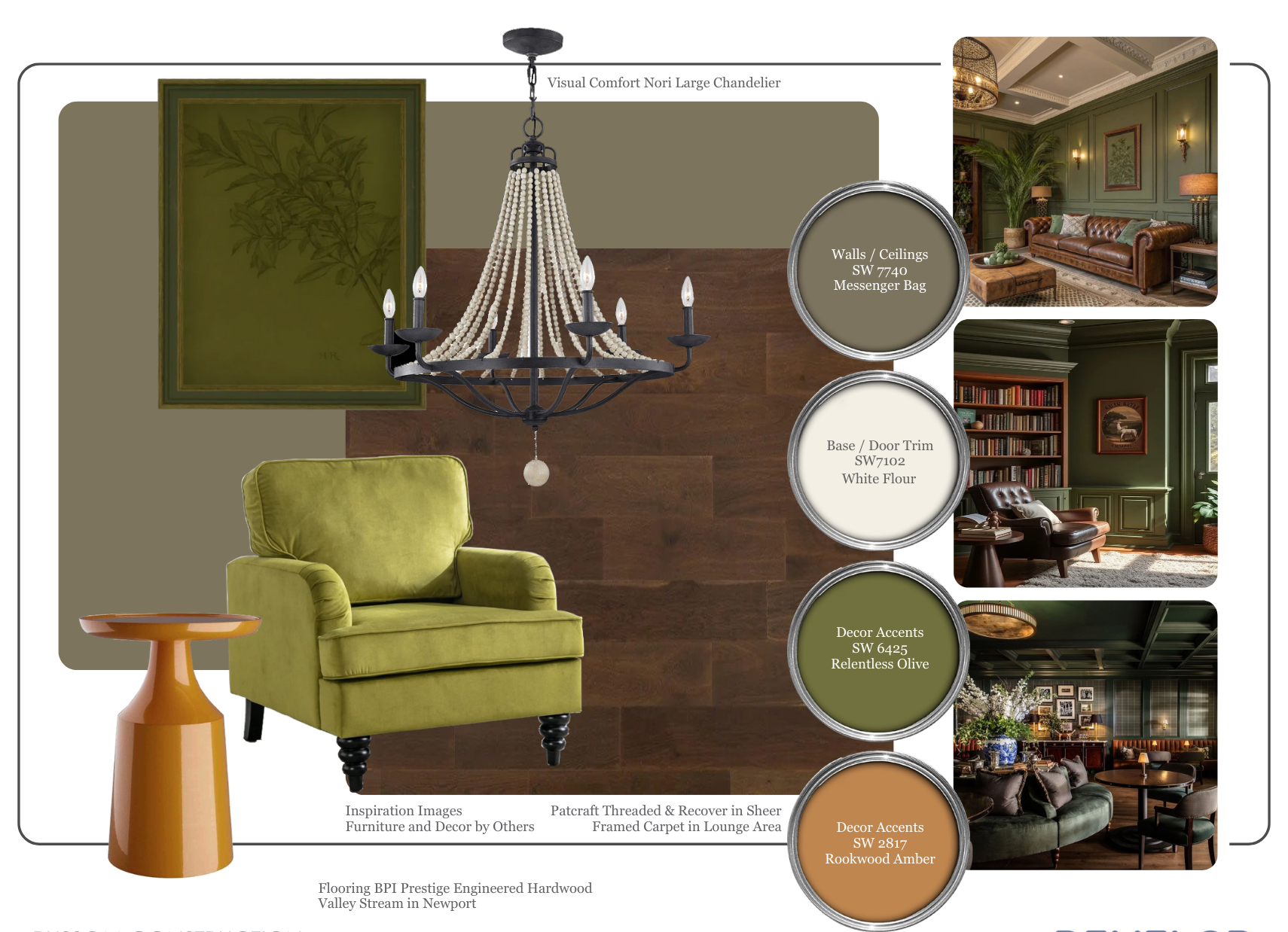 Interior design color palette with green, beige, and wood tones, featuring a green upholstered armchair, an orange side table, a chandelier, and sample interior photos of rooms with green wall paint and wood accents.