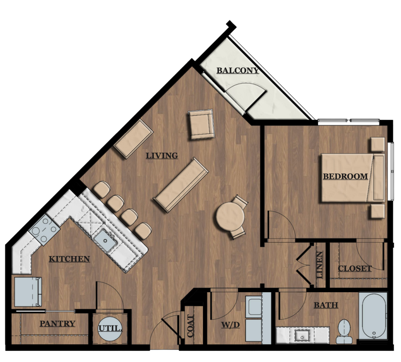 A floor plan of a one-bedroom apartment with labeled rooms including kitchen, pantry, utility room, living area, balcony, bedroom, closet, linen closet, bathroom, and a coat closet.