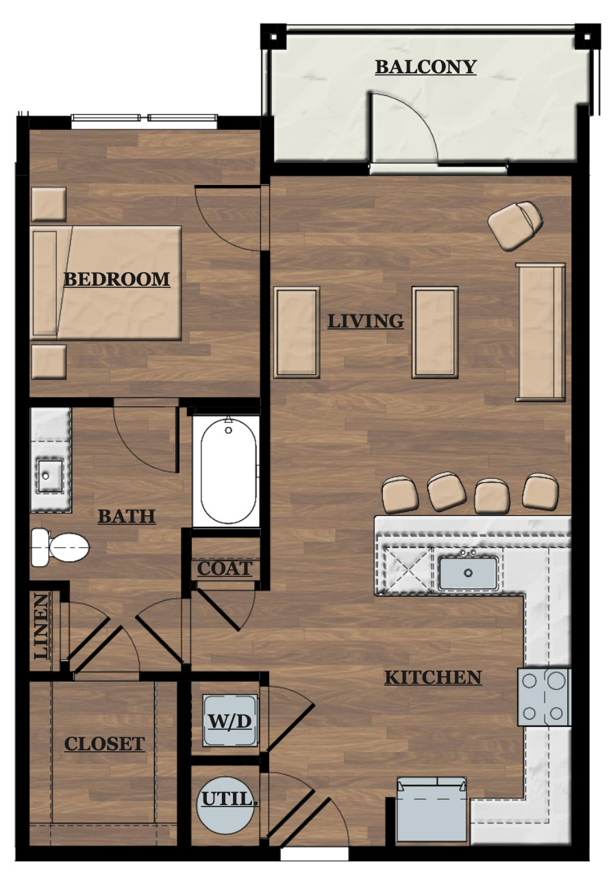 Floor plan of an apartment showing a bedroom, bathroom, closet, linen closet, coat closet, living room, kitchen with bar seating, balcony, and utility area with washer and dryer.