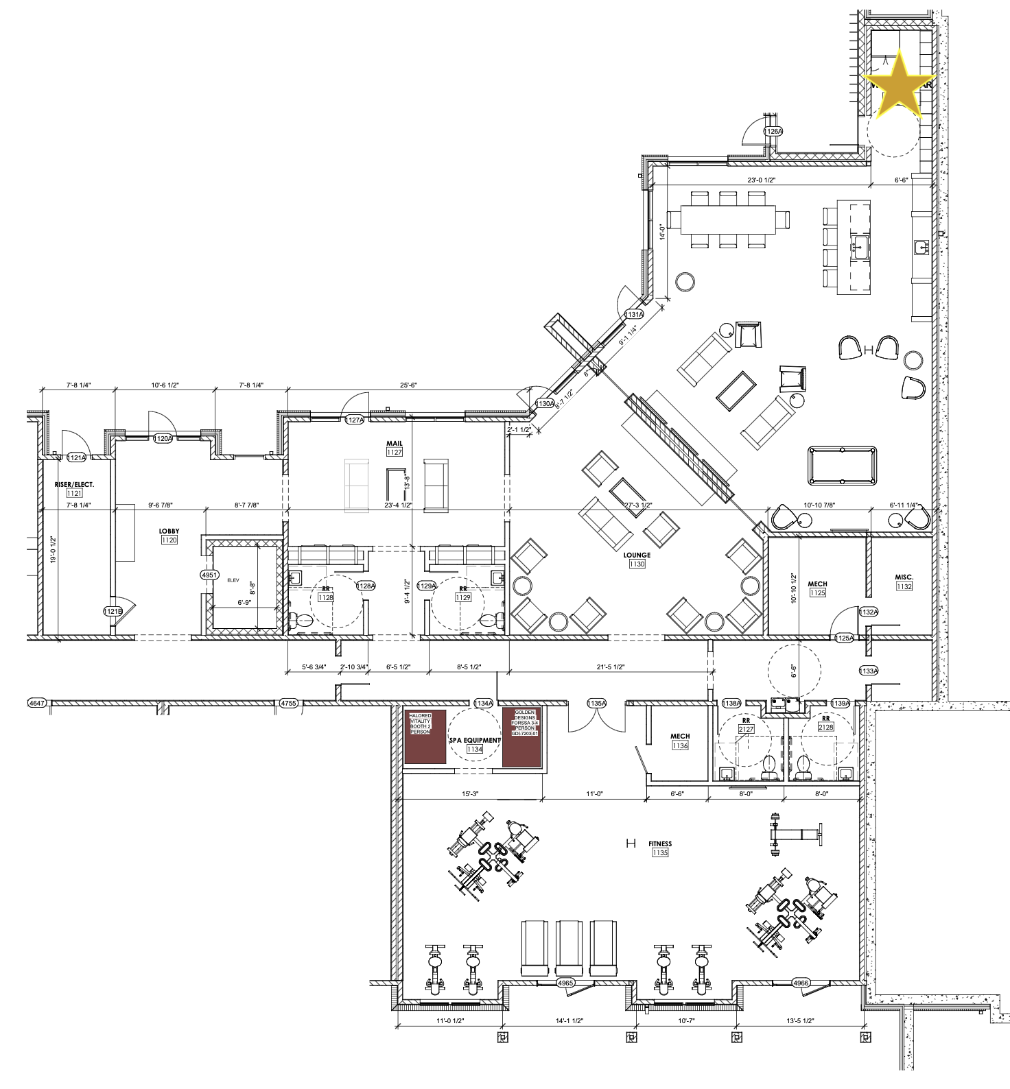 Architectural floor plan of a recreational space with gym equipment, fitness area, lounge, meeting rooms, and outdoor patio marked with a star.