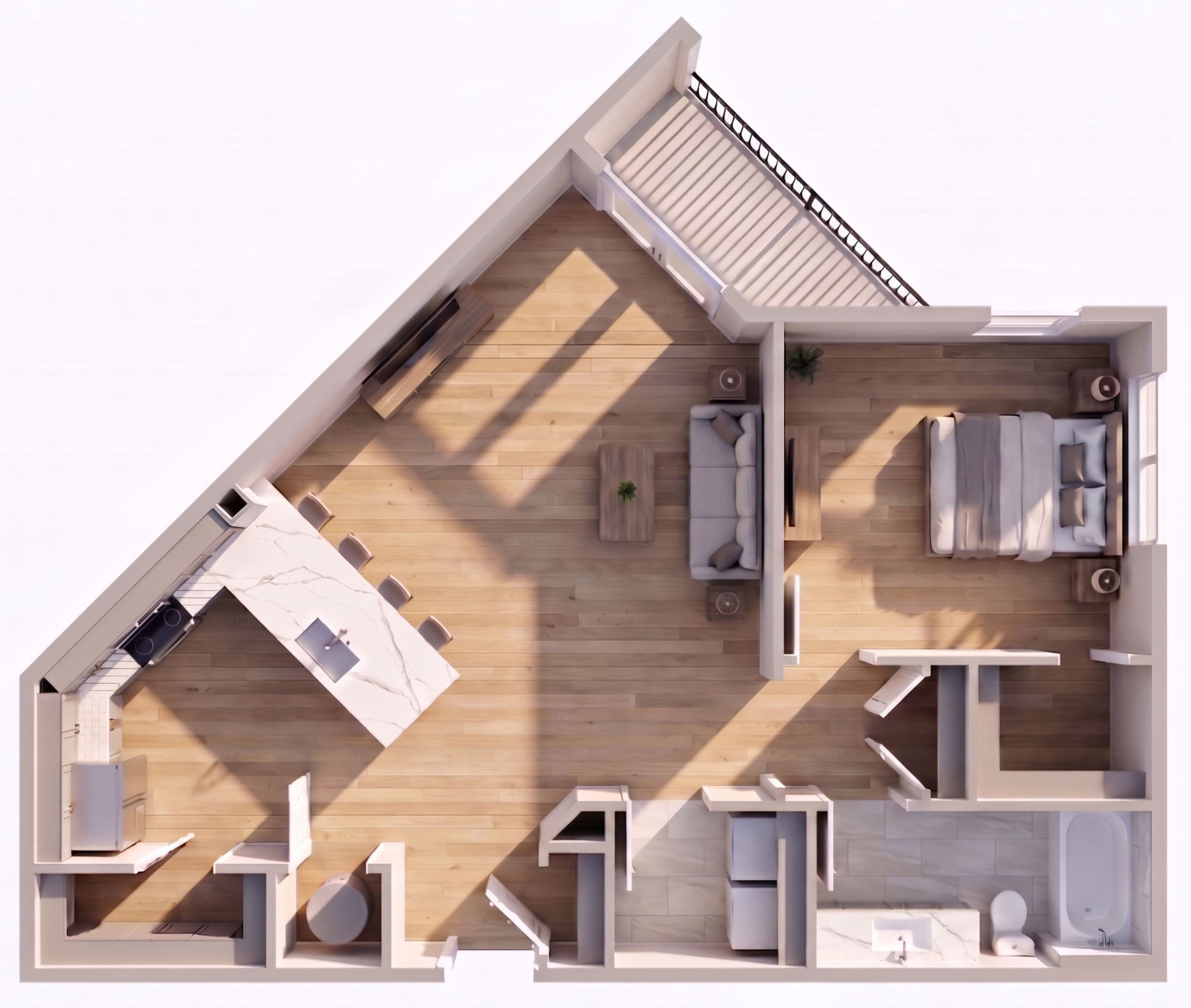 A 3D rendered floor plan of an apartment featuring a living room with a sofa, a coffee table, and a TV, a bedroom with a bed and bedside tables, a bathroom with fixtures, a kitchen island with stools, and an outdoor balcony with a railing.