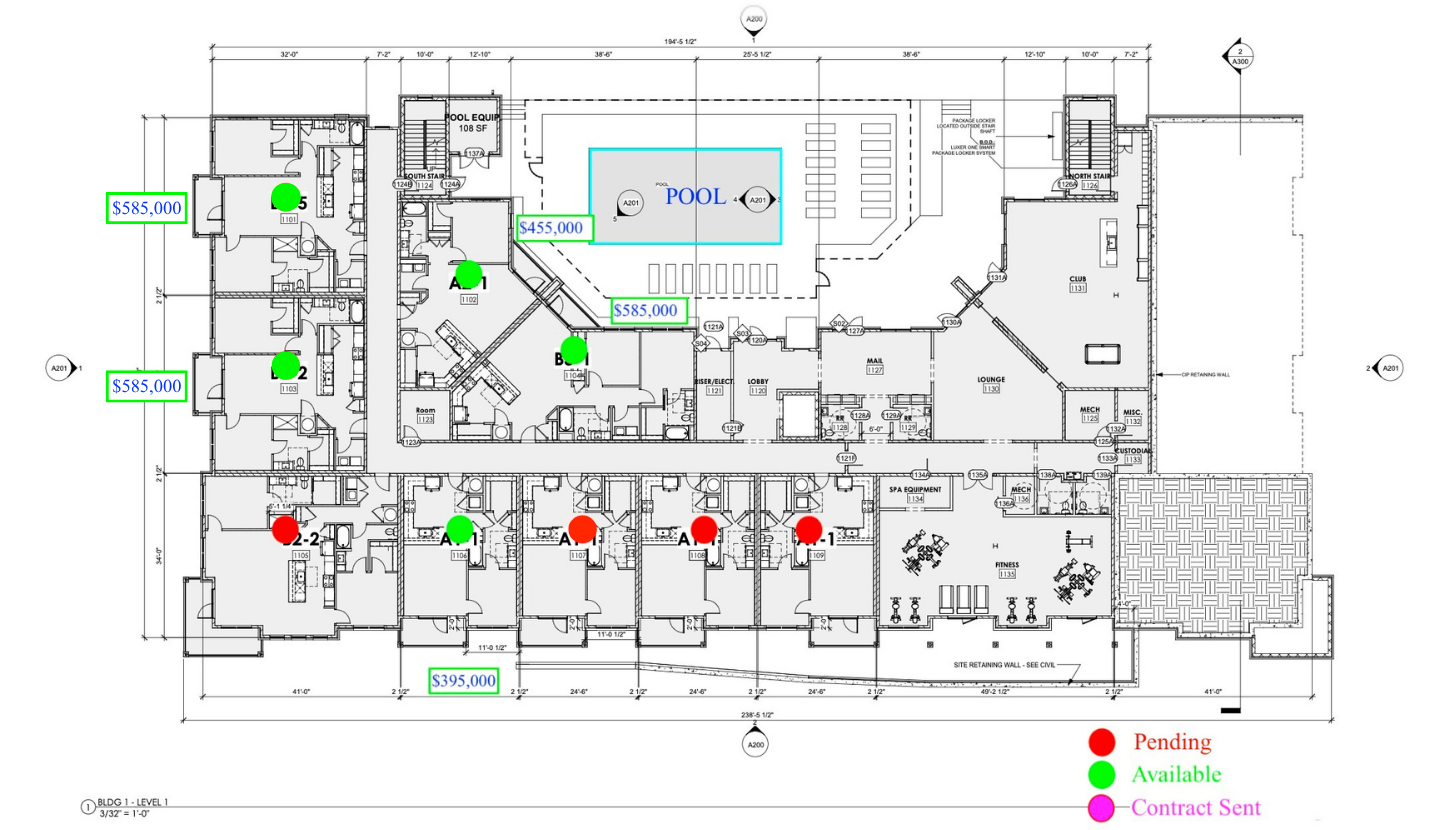 Floor plan of a building with room numbers and annotations for property prices, with colored dots indicating status: red for pending, green for available, and pink for contract sent.