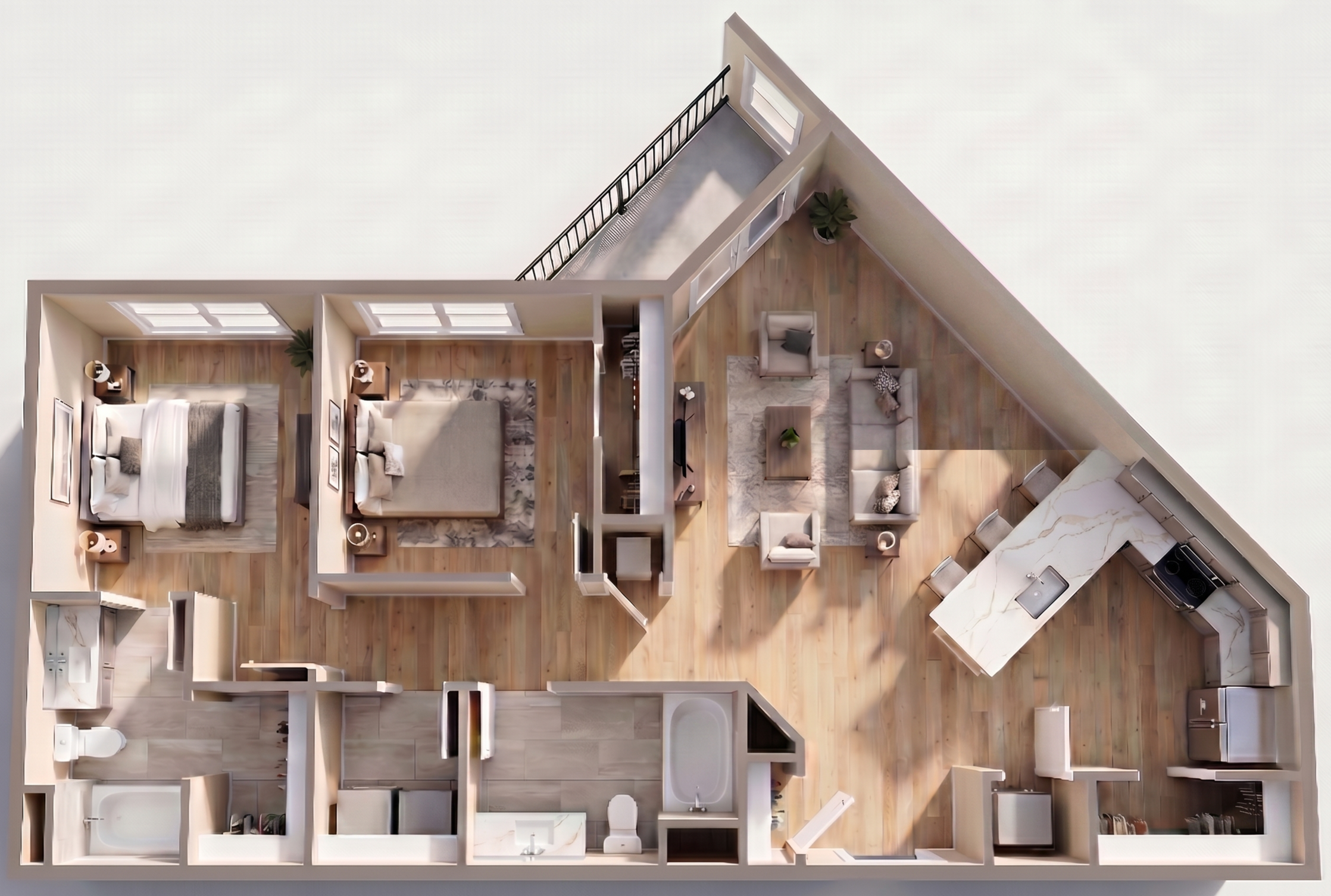 Floor plan of an apartment showing two bedrooms, living room, kitchen, bathroom, and balcony with furnishings and decor.