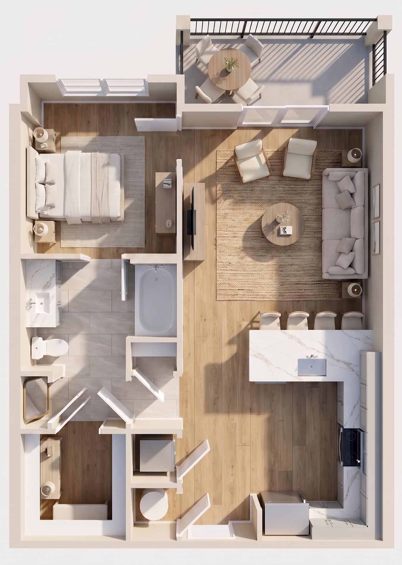 Top-down view of a modern apartment layout including a bedroom, bathroom, living room, kitchen, and balcony with outdoor seating.