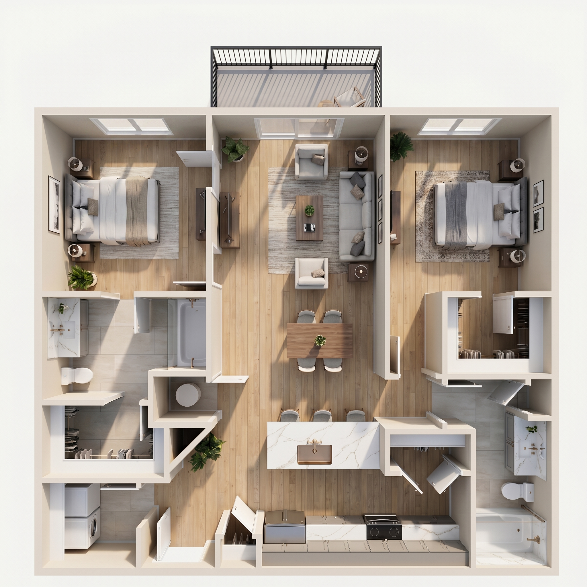Overhead view of an apartment layout including two bedrooms, a living room, a kitchen, a bathroom, and a balcony with a chair.