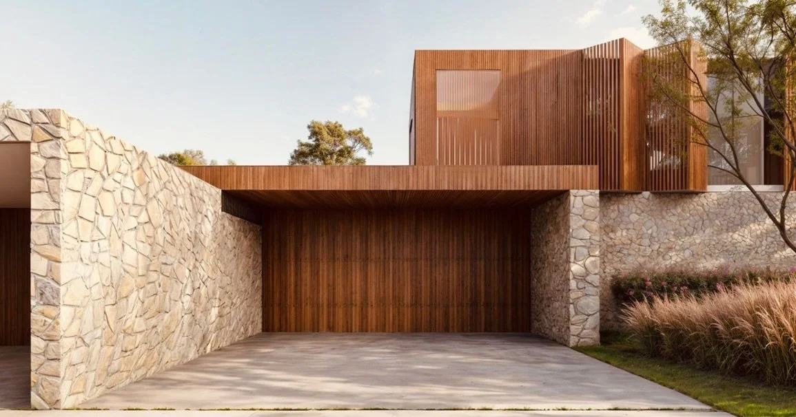 Casa Vinhedo 

Brises de madeira atuam como elementos de prote&ccedil;&atilde;o solar e controle de visibilidade.
Muros estruturais em pedra natural refor&ccedil;am o isolamento e a sensa&ccedil;&atilde;o de abrigo proposto por toda a edifica&ccedil;