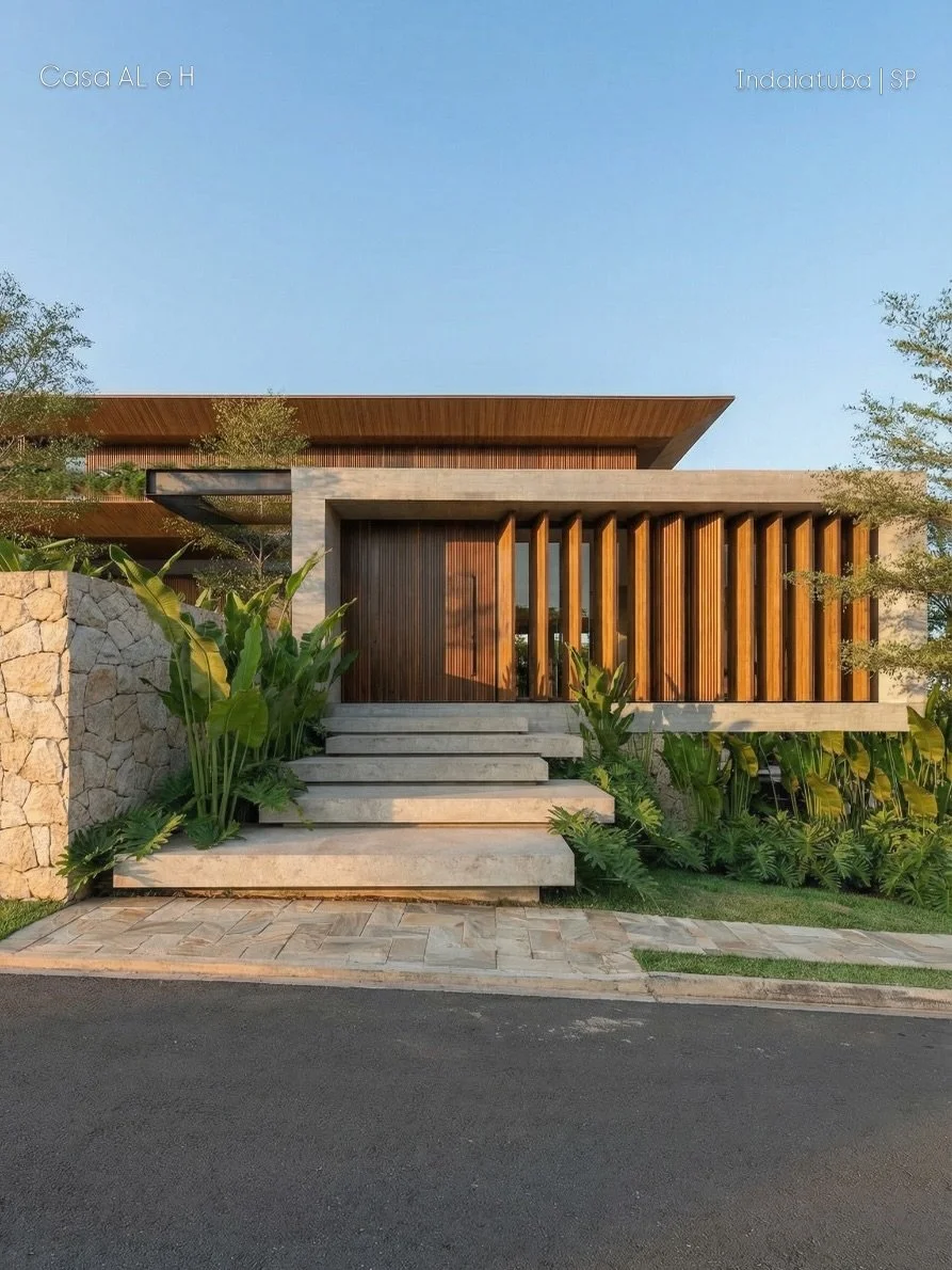 Casa AL e H
Indaiatuba | SP

Arquitetura pensada para viver em harmonia com o lugar.
Implantada a partir da orienta&ccedil;&atilde;o solar e da rela&ccedil;&atilde;o com a paisagem, a casa privilegia luz natural, ventila&ccedil;&atilde;o e conforto a
