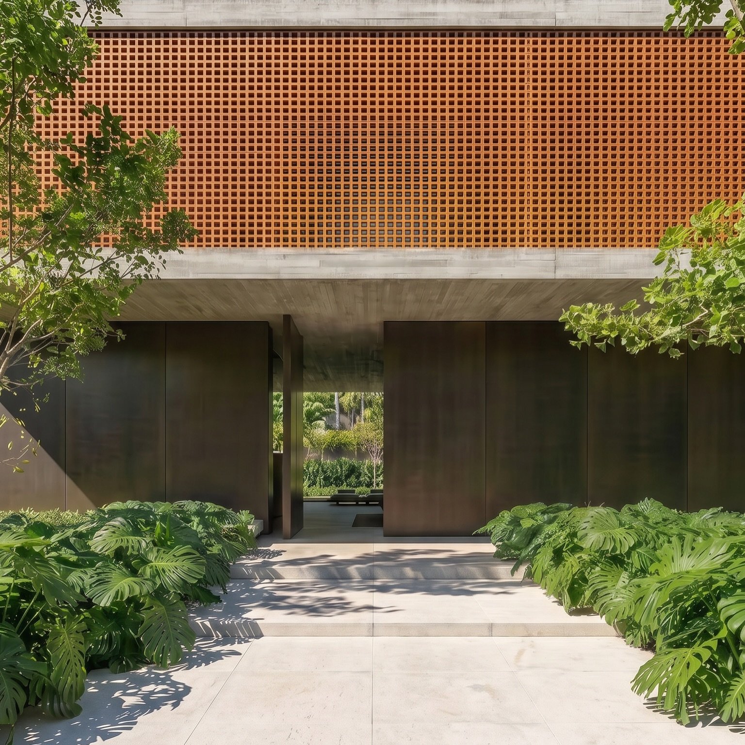 Dois blocos sobrepostos. O superior, suspenso, revestido em brise de madeira de desenho ripado cont&iacute;nuo. O inferior, sobre pilotis, em continuidade com o jardim.

A composi&ccedil;&atilde;o n&atilde;o &eacute; formal: &eacute; conceitual. O pa