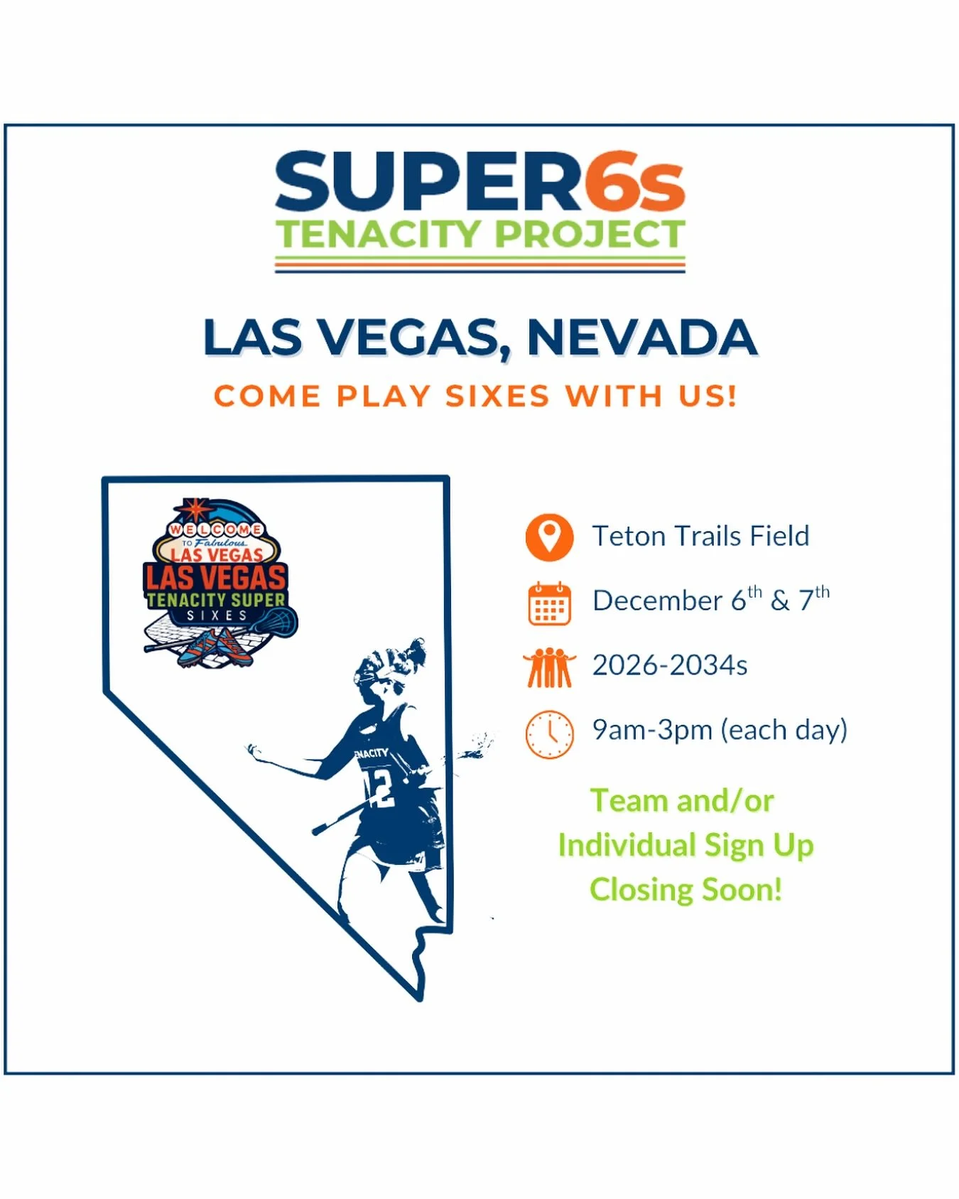 COME PLAY SIXES WITH US! 
Super Sixes is going to Las Vegas, Nevada, on December 6th and 7th! This event will host 23 of our Tenacity Sixes teams, and we are looking for more teams and players to join us! 

Team Registration is open for our middle sc