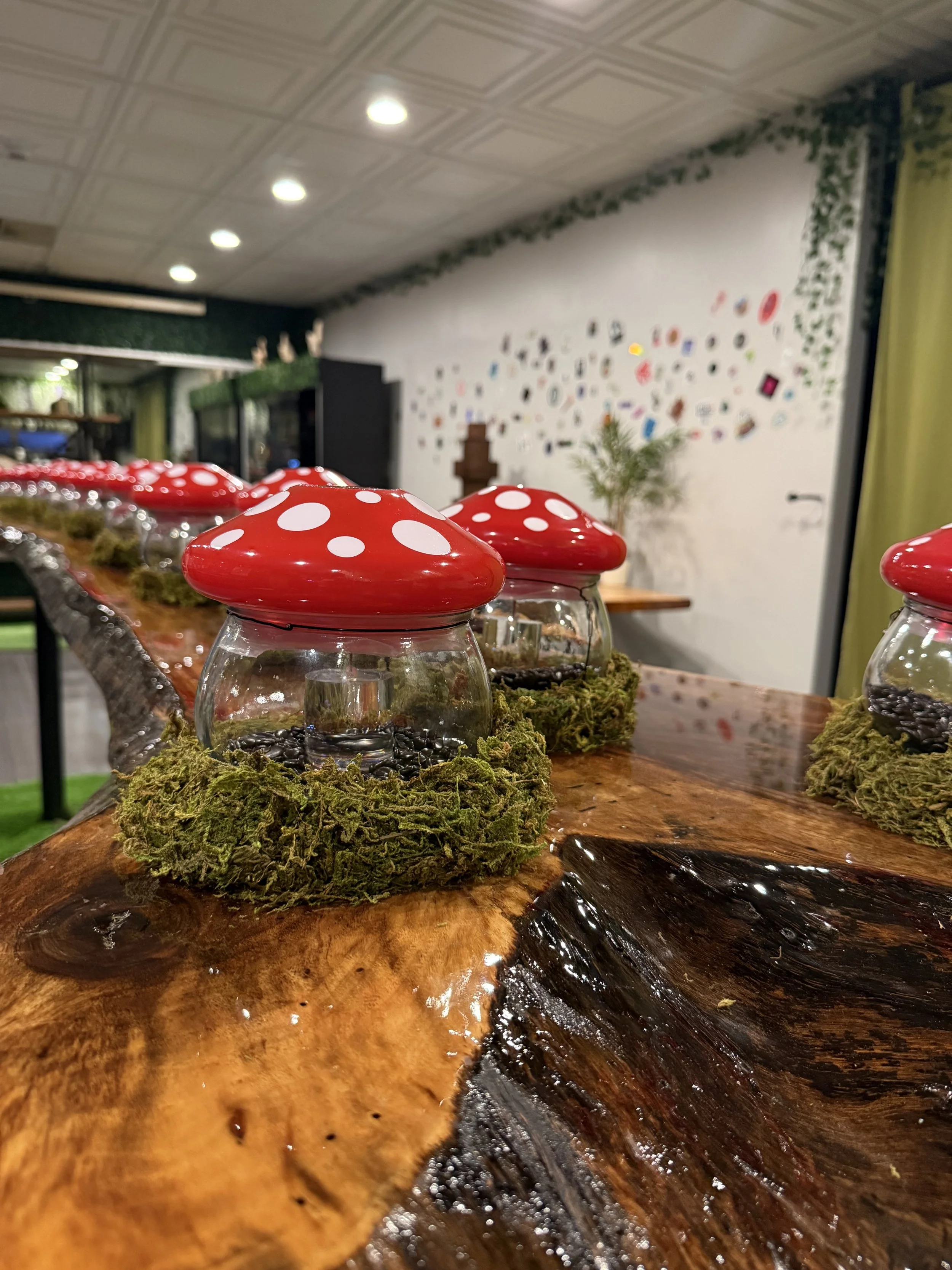 Decorative jars with red mushroom caps on a wooden table, surrounded by moss, in an indoor setting with wall art and ceiling lights.