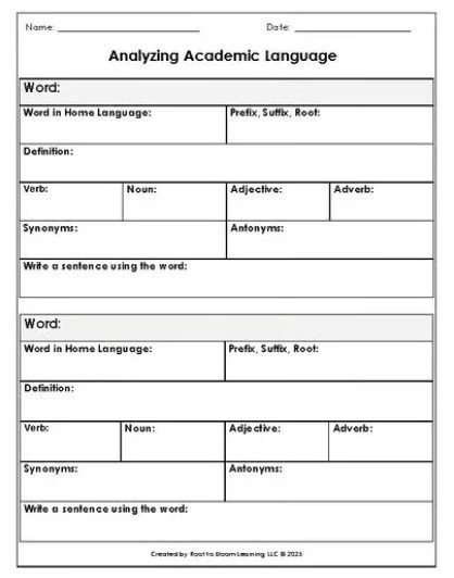 Analyzing Academic Language Graphic Organizer