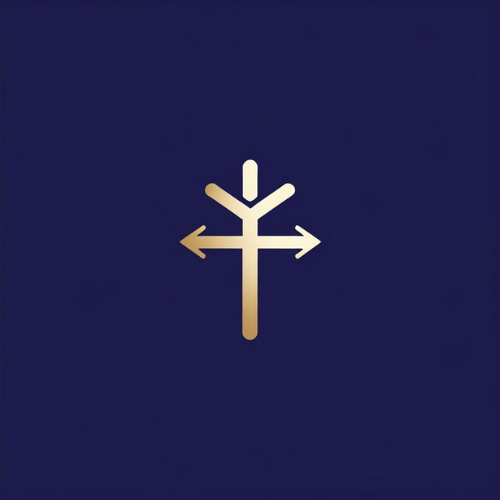A gold-colored symbol resembling a tree or anchor with arrows pointing left and right on a dark blue background.