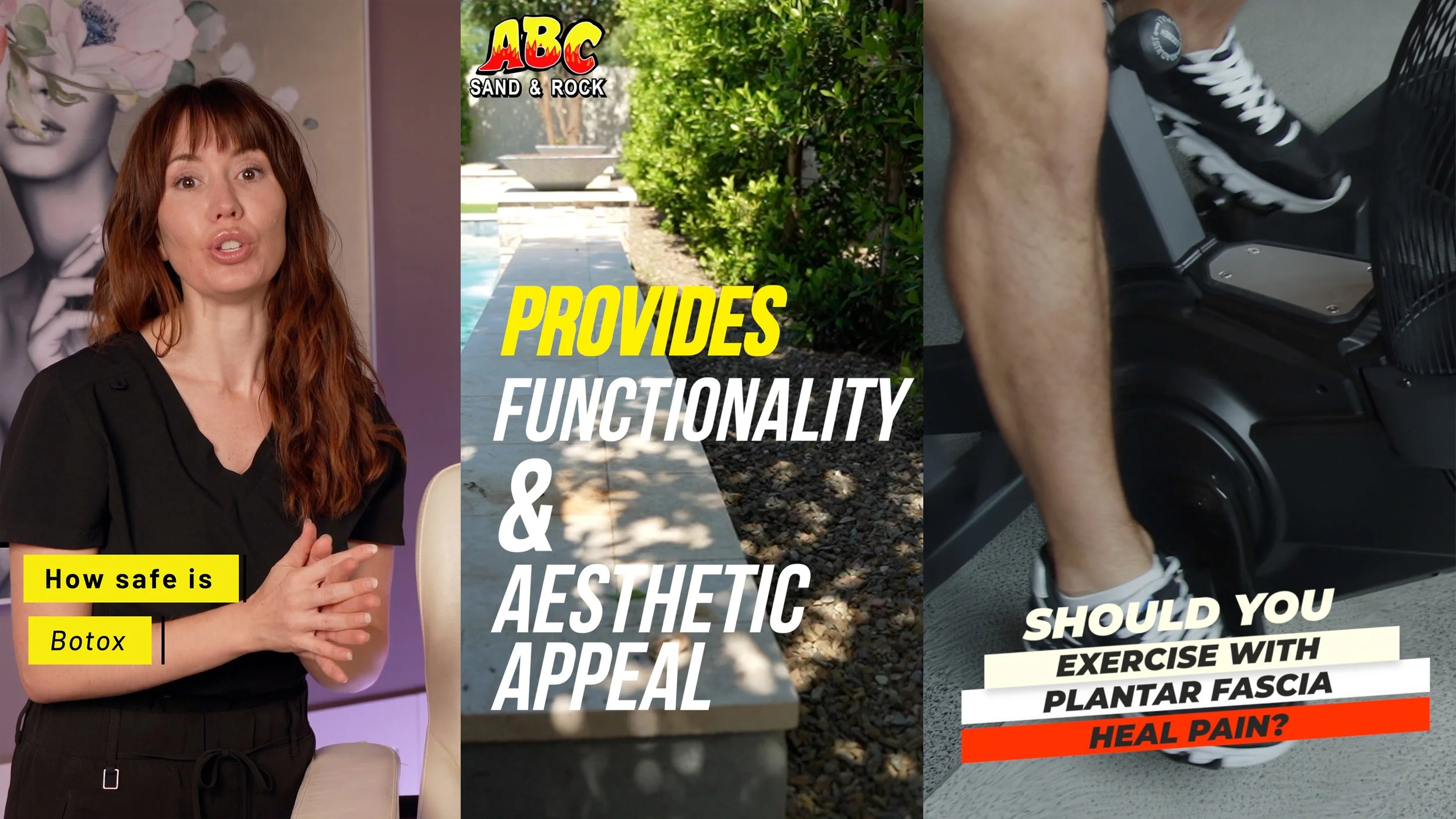 A woman with red hair and a black top speaking in front of a backdrop with a black and white image of a woman. Overlaid text reads, 'How safe is Botox'. To her right, there are two sections of text with a background of an outdoor scene with plants and a pathway. The first section says, 'Provides functionality & aesthetic appeal' in bold yellow and white letters. The second section displays a person exercising on a stair machine, with additional text asking, 'Should you exercise with plantar fascia heal pain?' in white and red fonts.