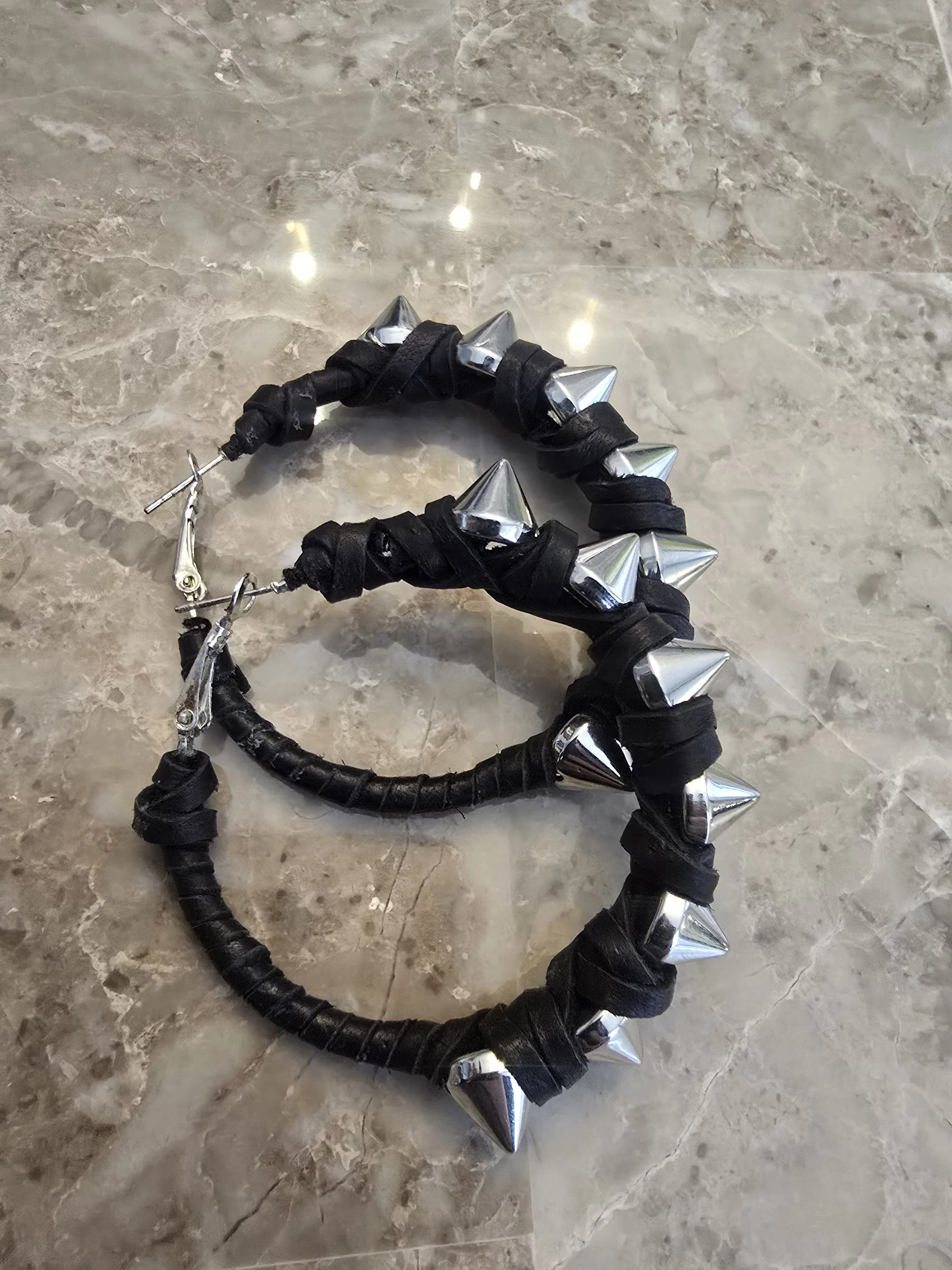 BLACK LEATHER SPIKED HOOPS