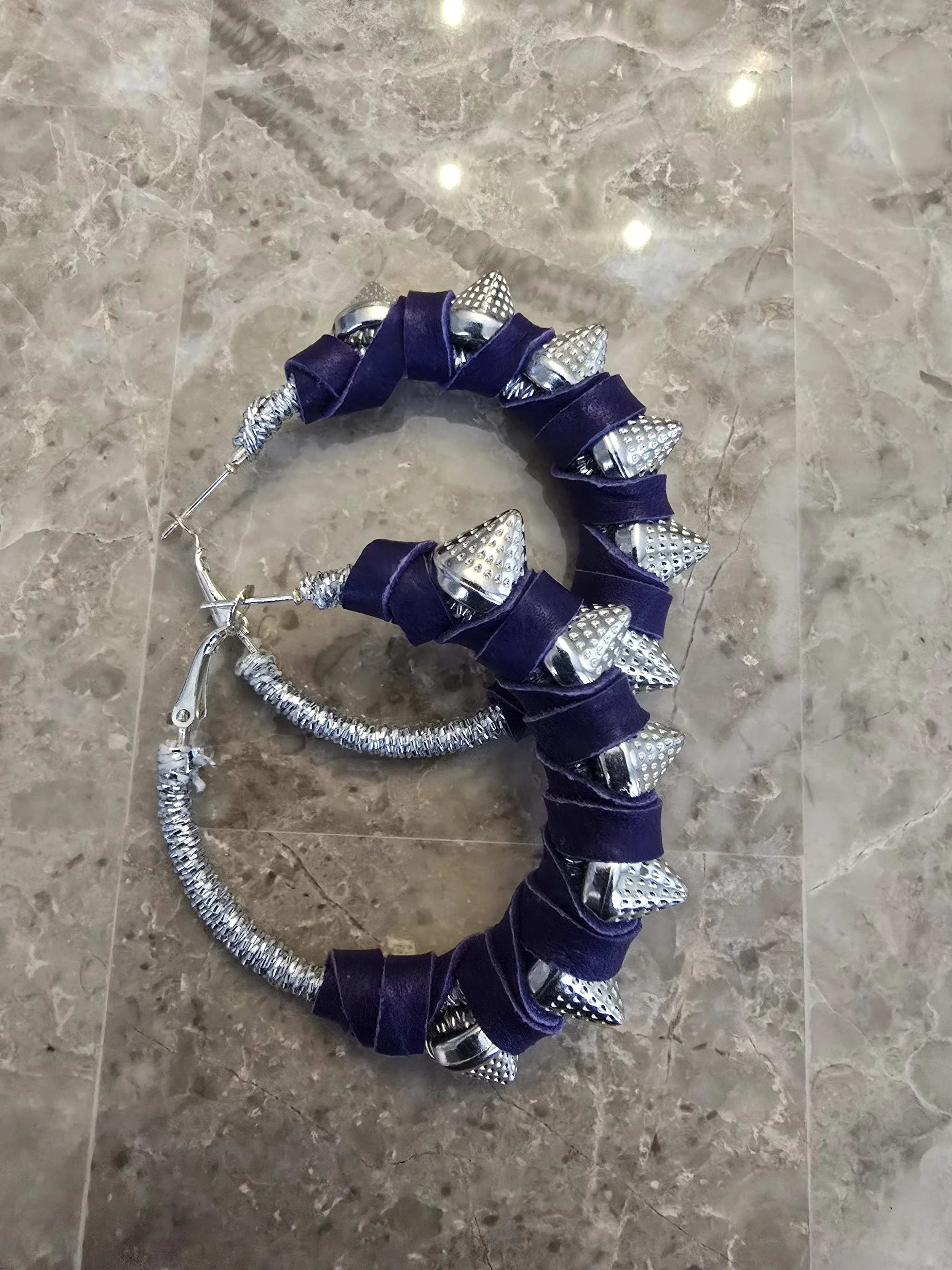 PURPLE LEATHER SPIKED HOOPS