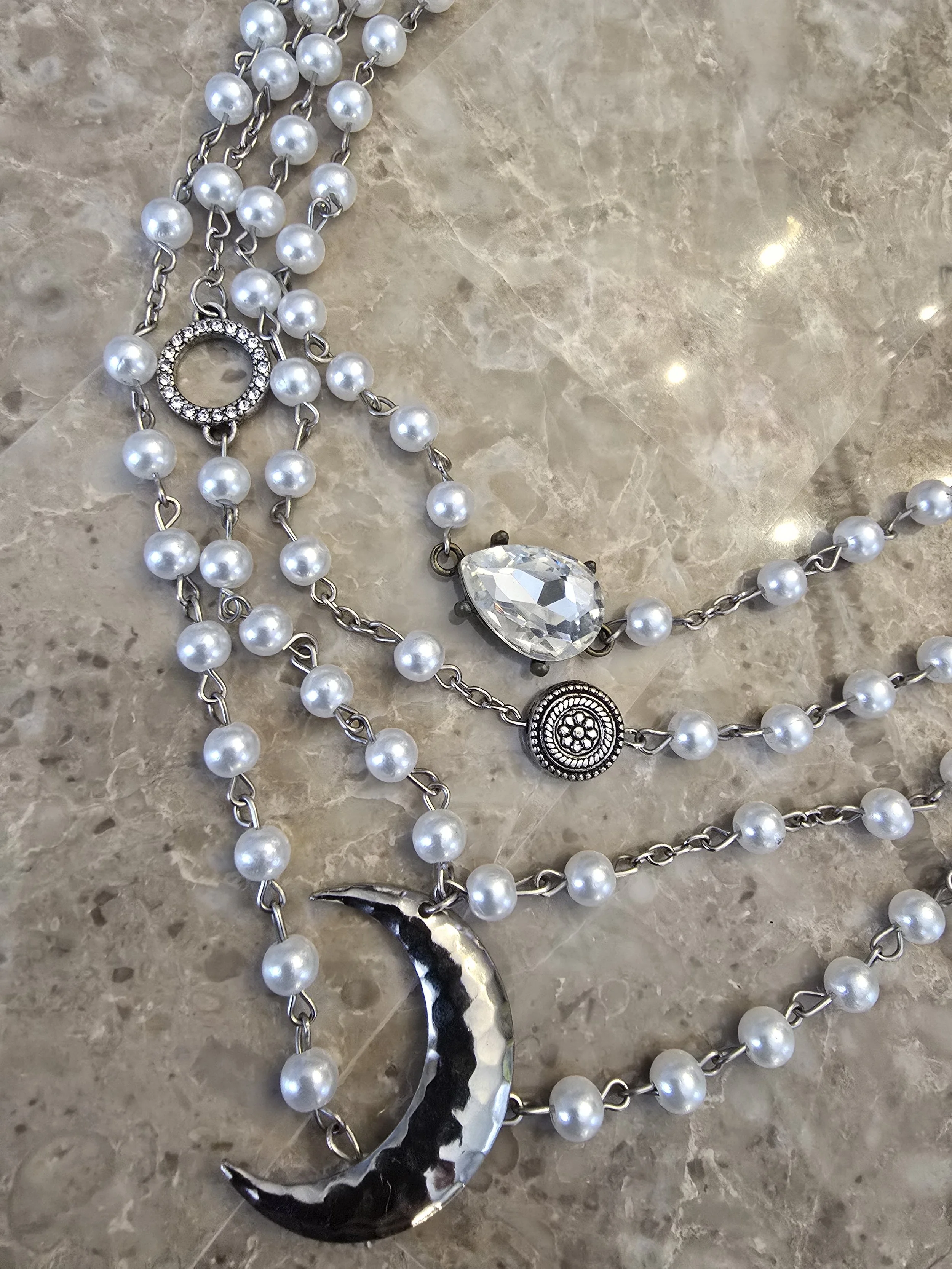 MULTI LAYER PEARL & MOON NECKLACE