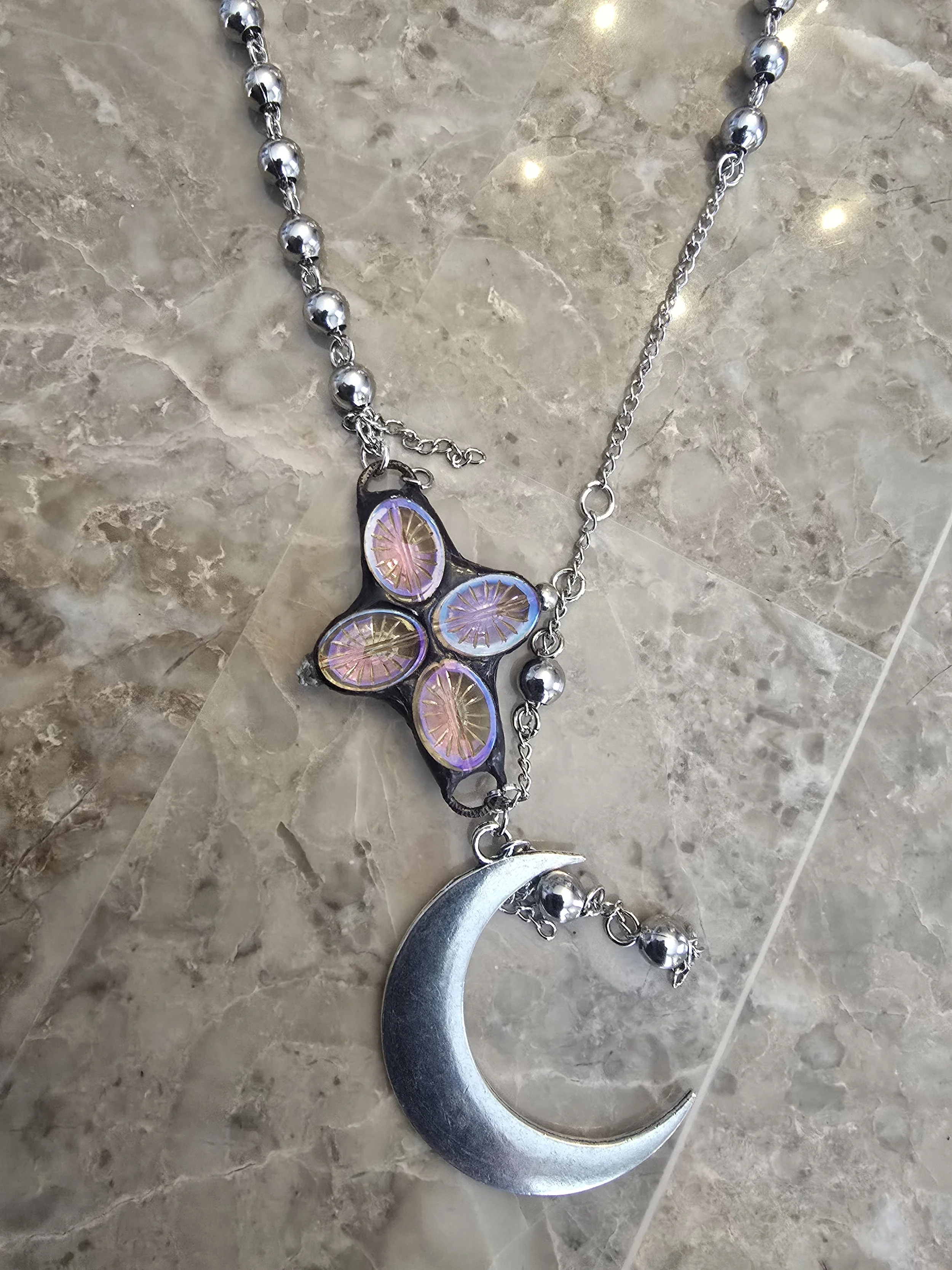 Iridescent Cross & Moon Necklace