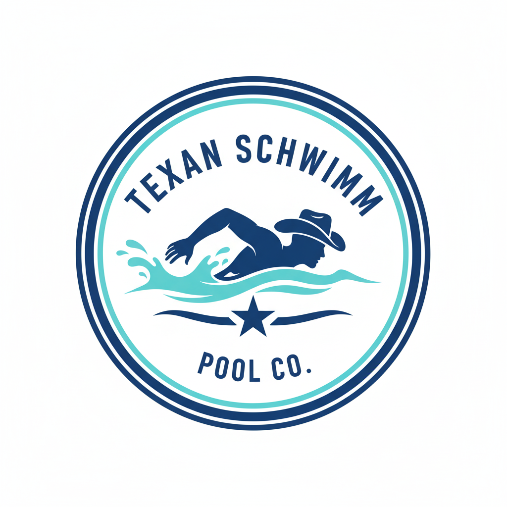 A logo for Texan Schwimm Pool Co. featuring a swimmer wearing a hat, swimming in water, surrounded by a circular border with text.