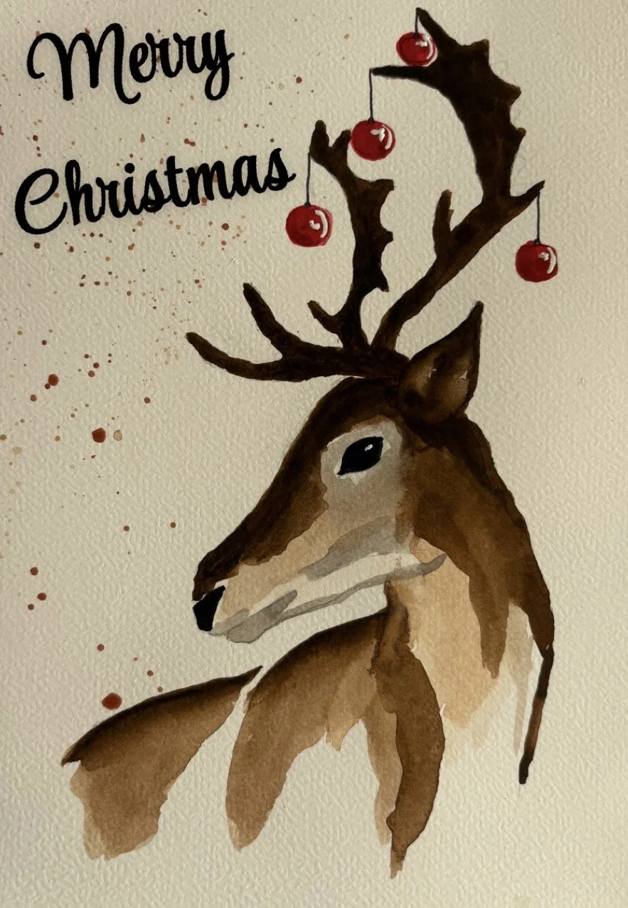 Künstlerische Weihnachtskarte mit Rentiermotiv