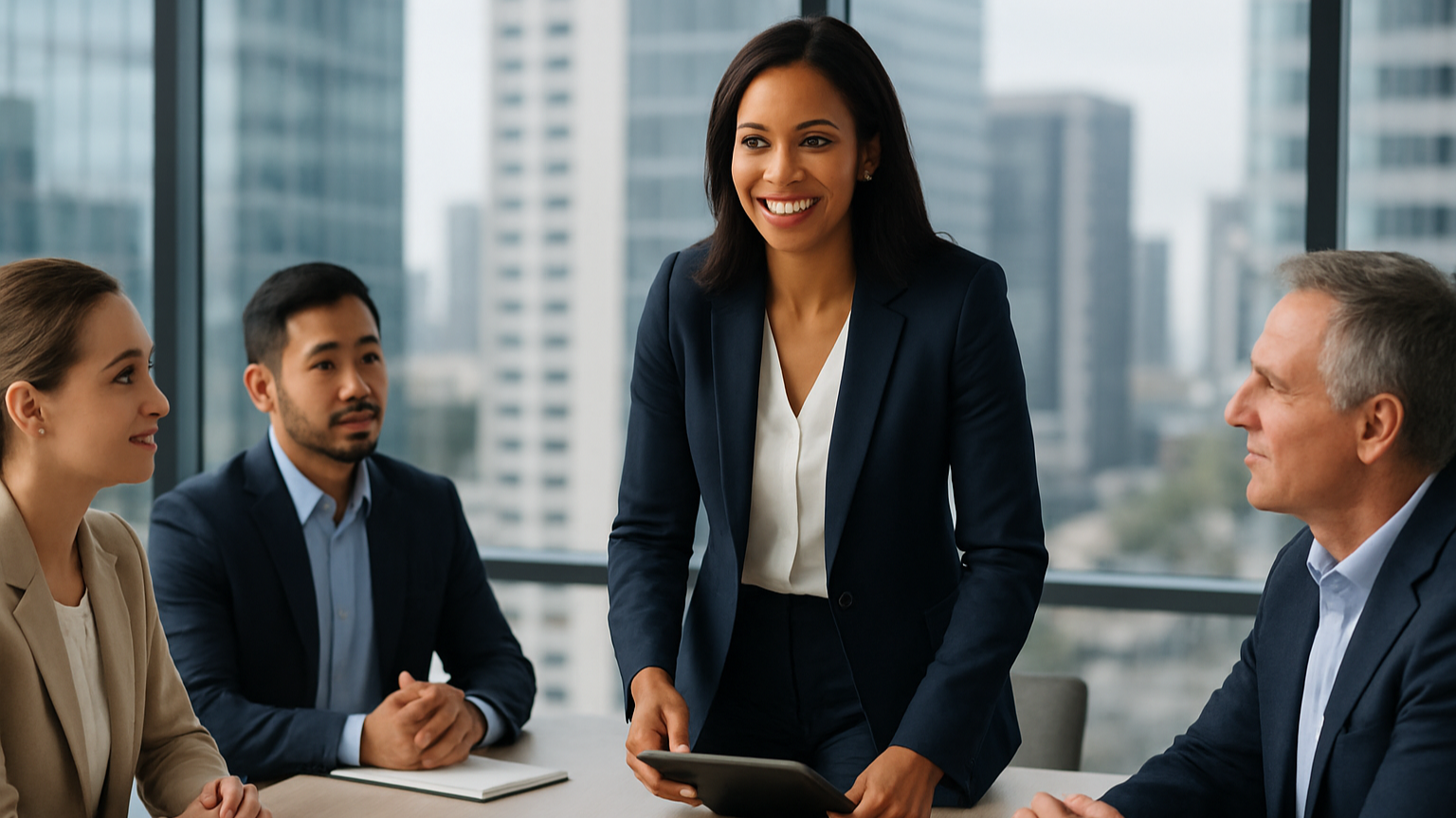 Female leader leading a meeting with a big smile in her face