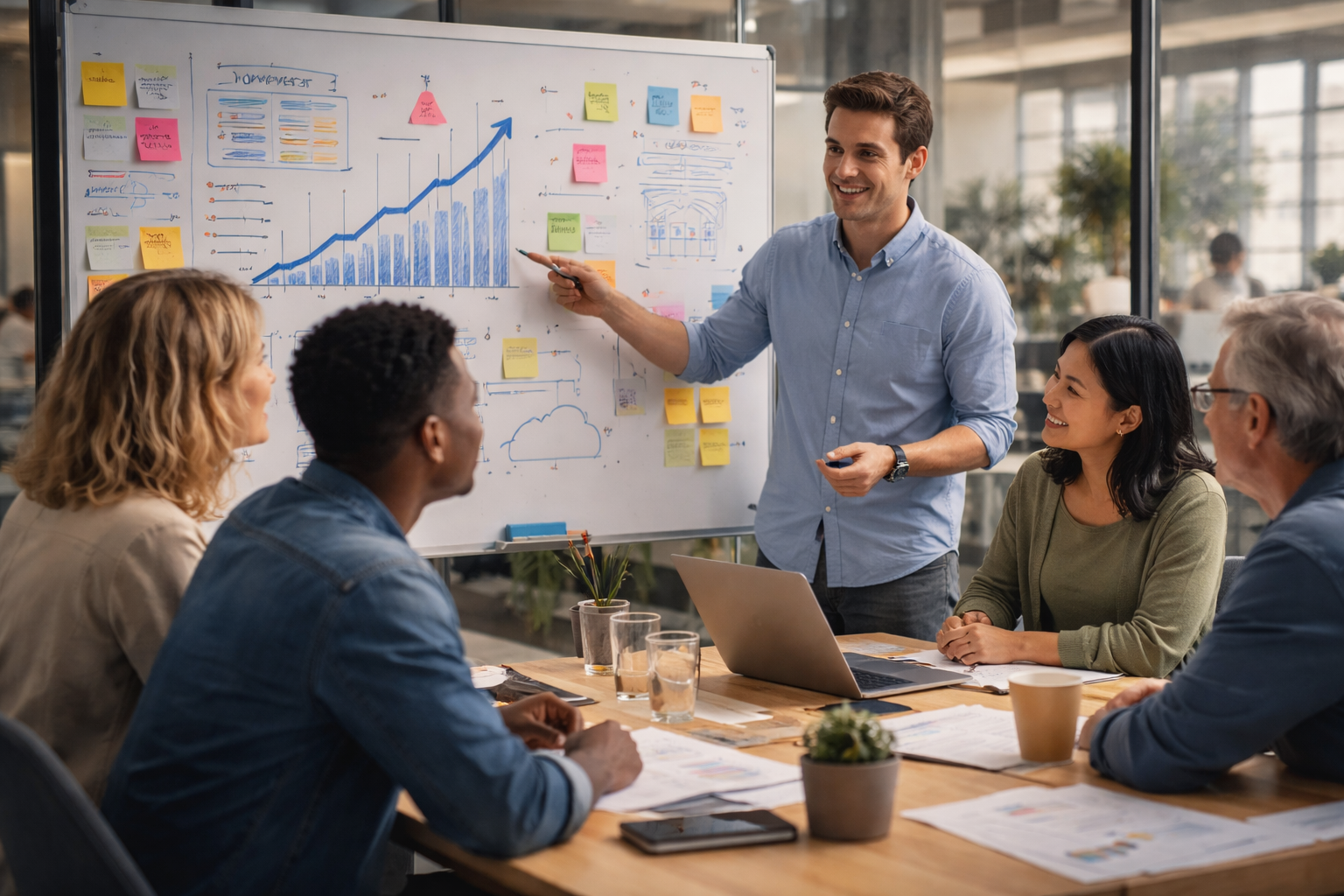 A fast-growing cross-functional team gathered around a table in a modern office while a team lead presents a growth roadmap on a whiteboard, symbolising scalable systems, operating clarity, and improved team rhythms.