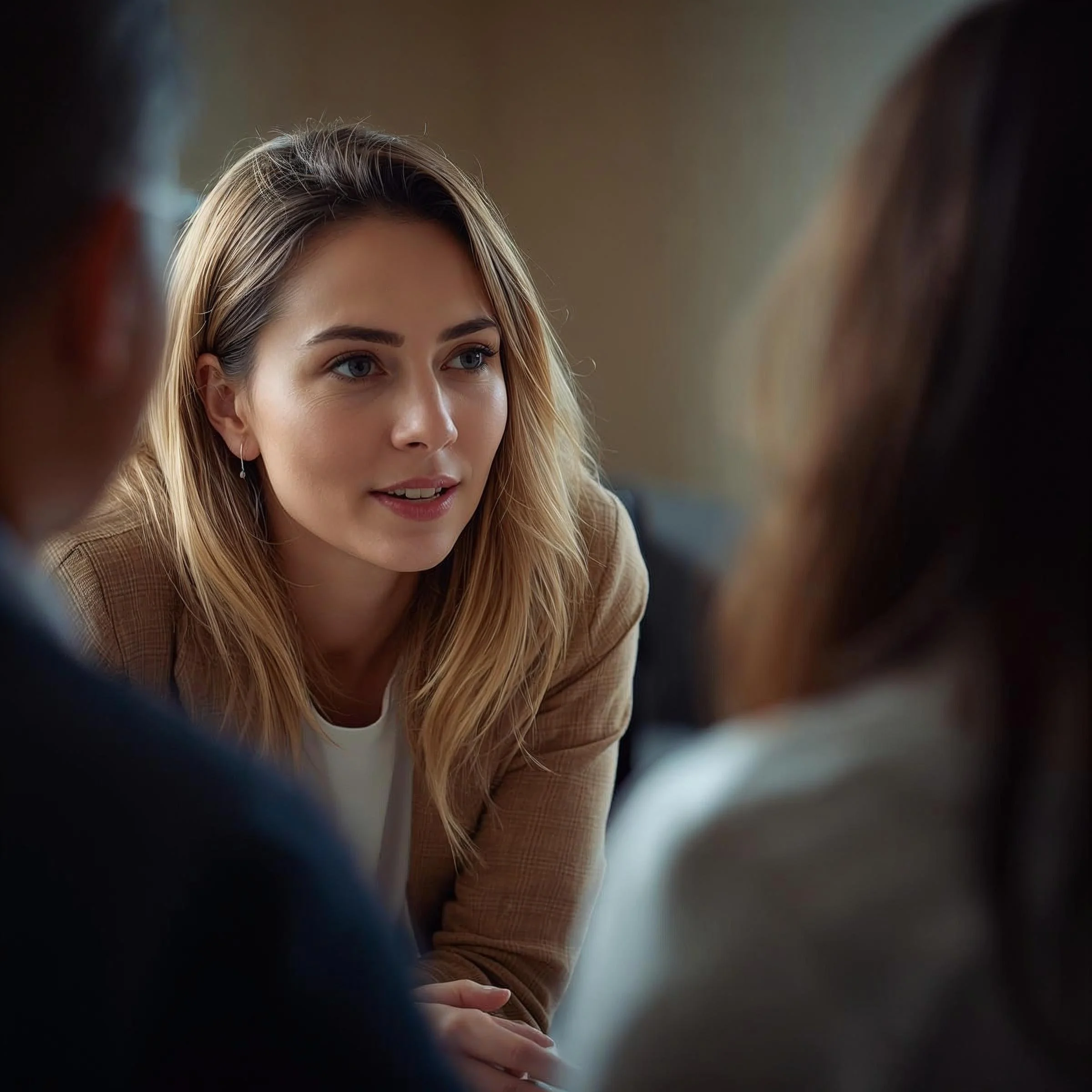 A manager and a team member in a genuine one-to-one moment — the manager listening attentively, the team member speaking openly. A real coaching conversation