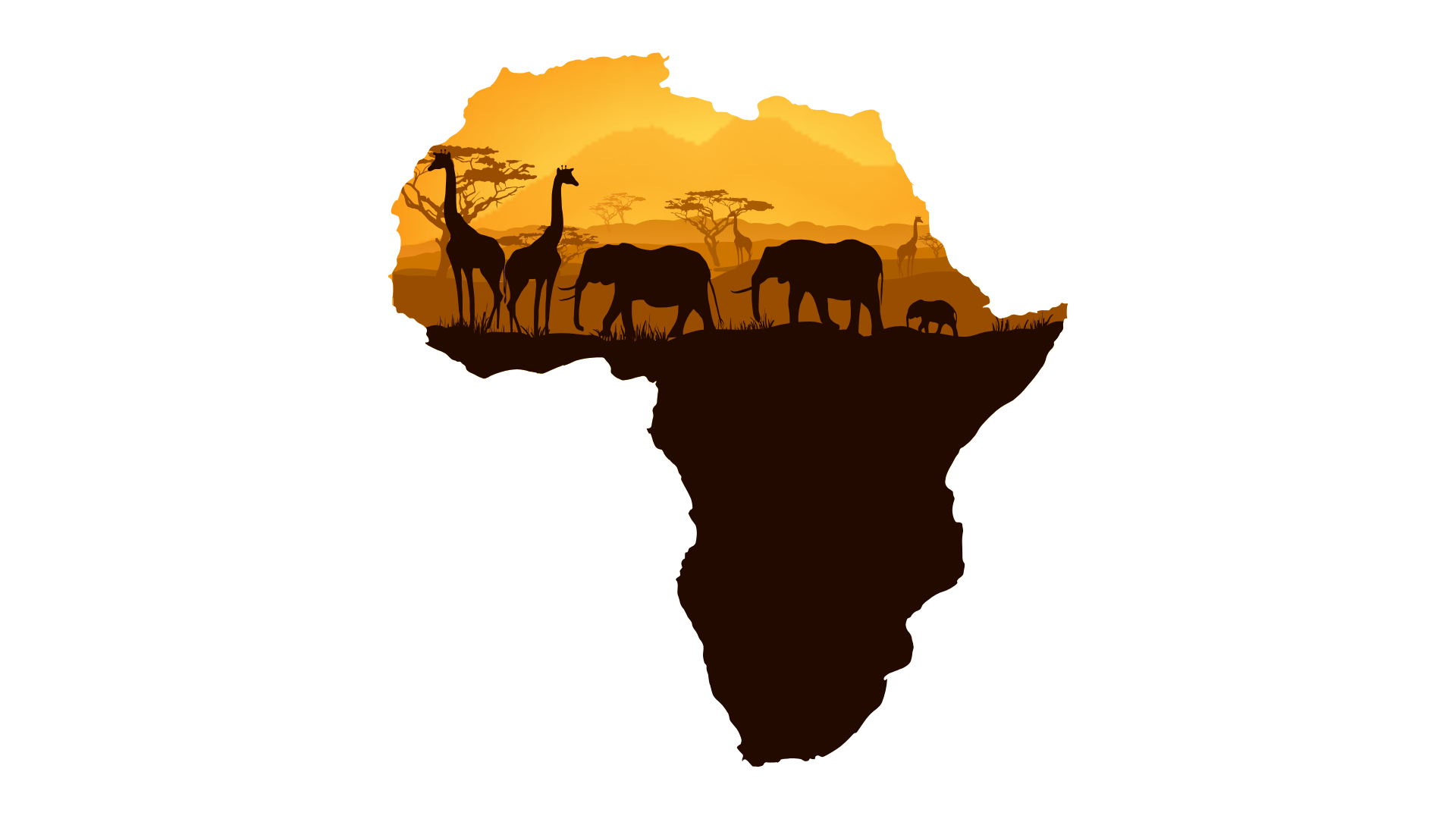 Illustration of a savannah landscape with giraffes, elephants, and other animals at sunset.