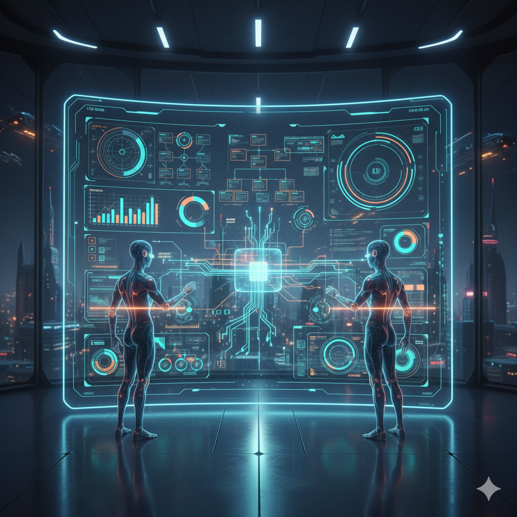 A futuristic scene of diagrams and graphics in large glass screen