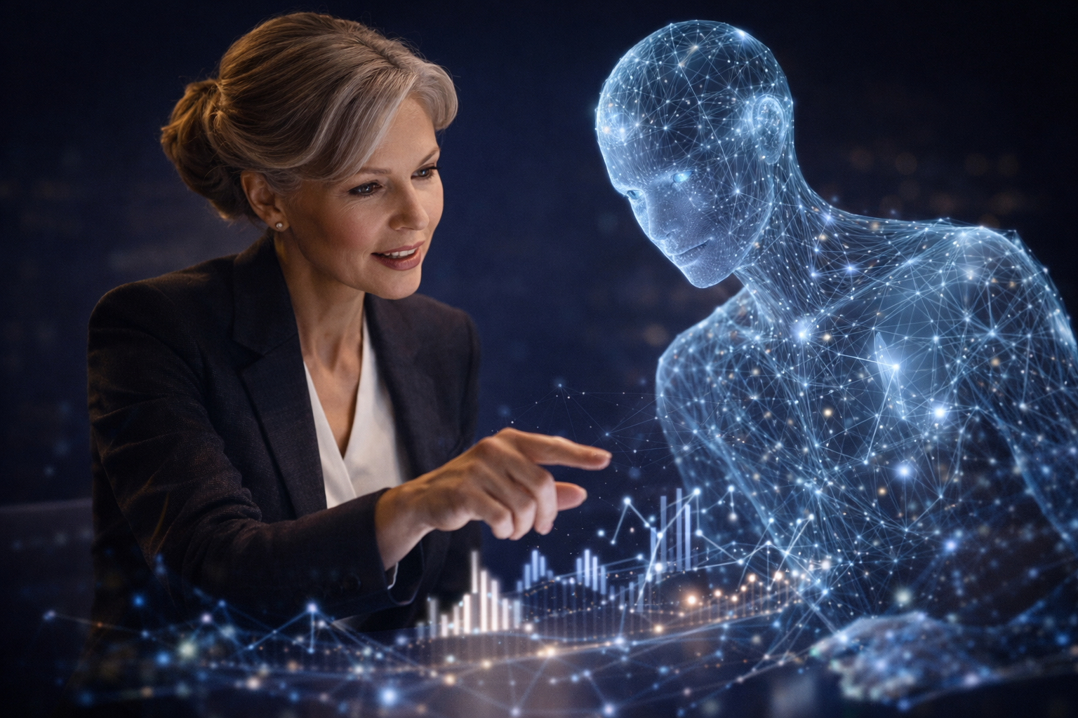 A senior executive and a luminous, humanoid AI presence side by side.