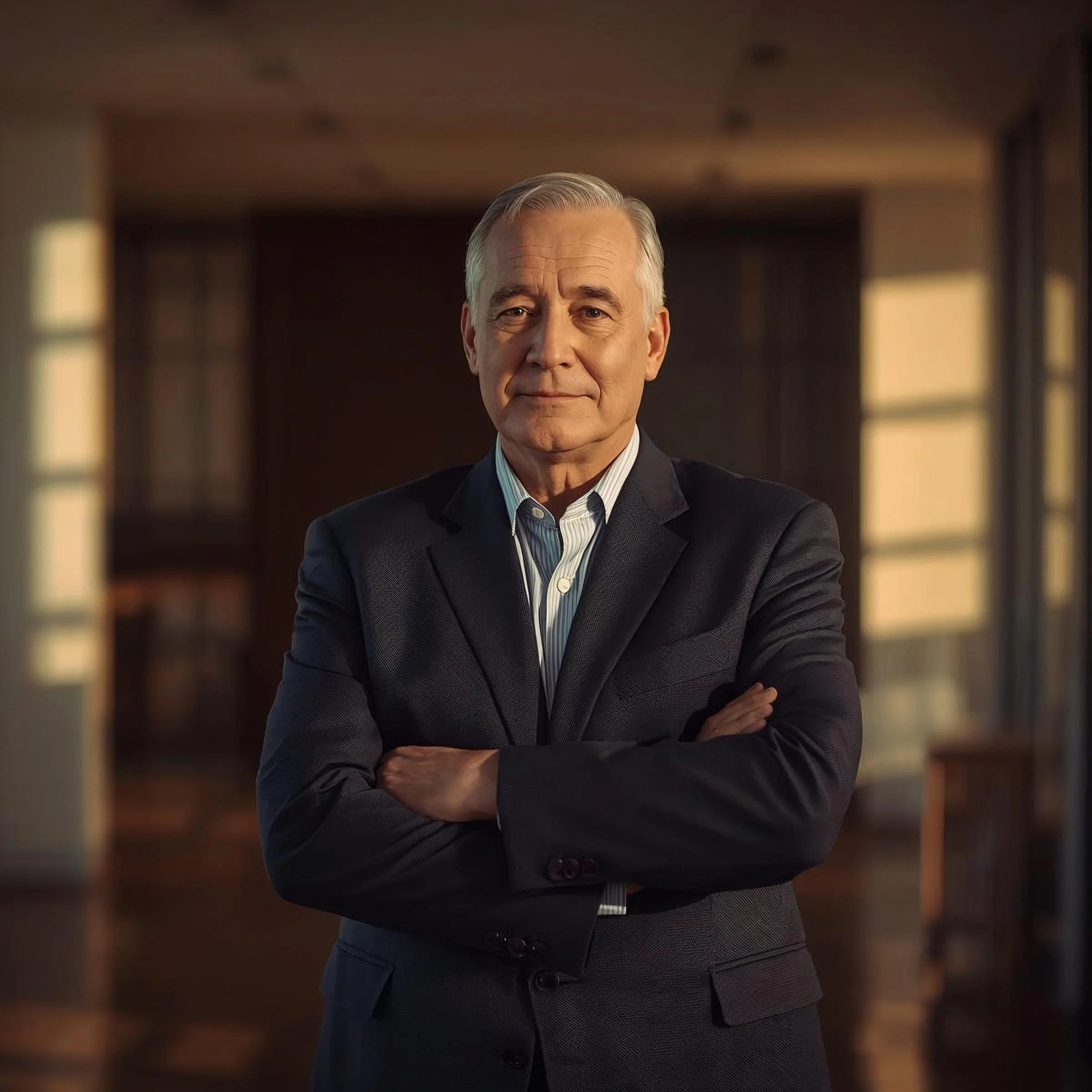A senior executive, male, standing confidently in a modern, warmly lit room. Natural light from a large window. His expression is calm, focused and deeply present, thinking.