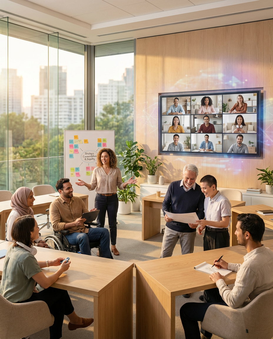 Group of people in training in a hybrid mode