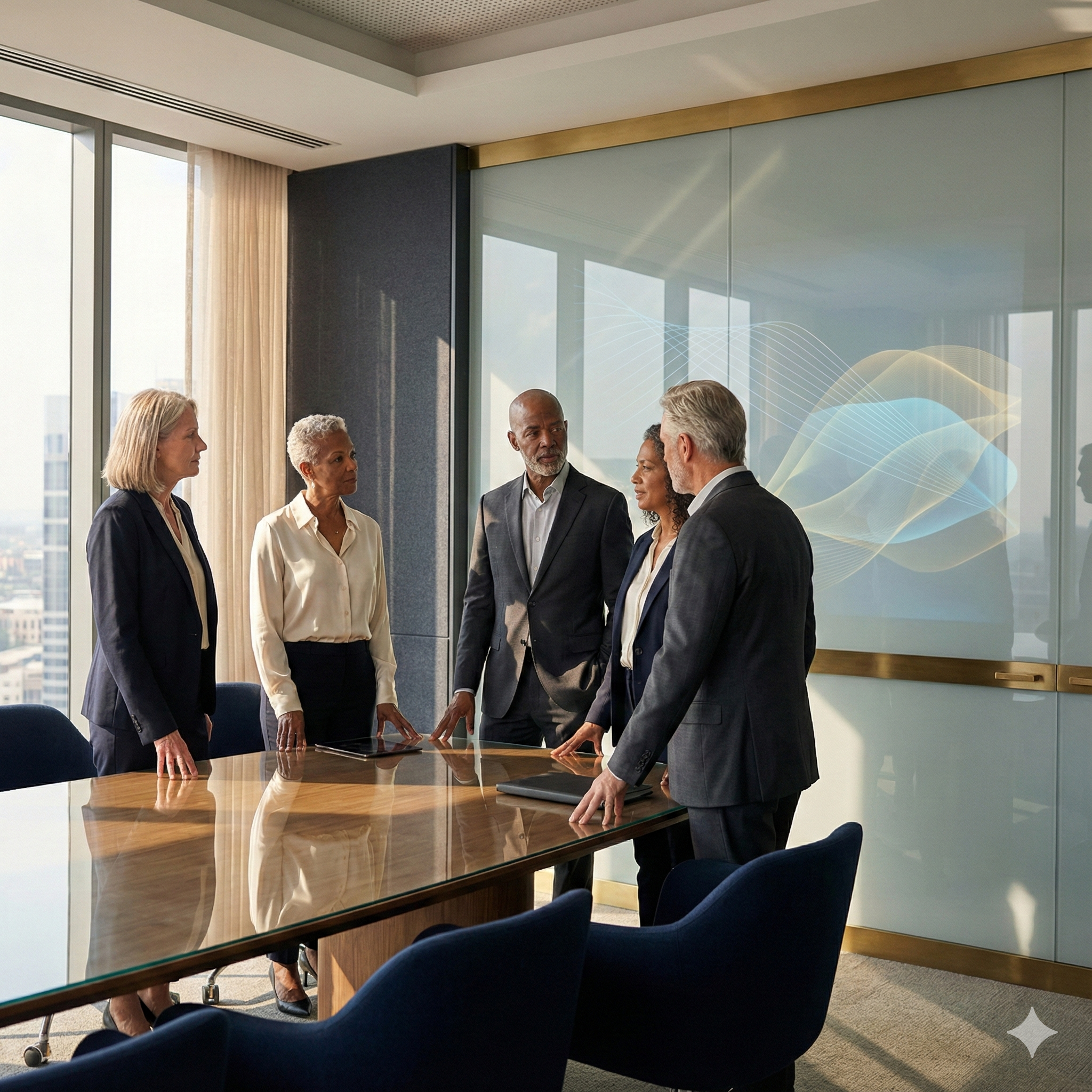 Five diverse business professionals in suits standing around a conference table, engaged in a discussion in a high-rise office with large windows and city views.