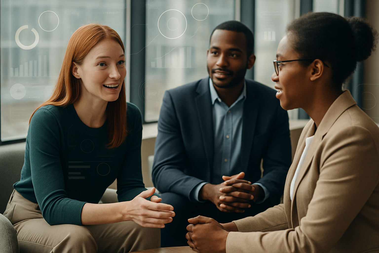 three colleagues talking in harmonious way