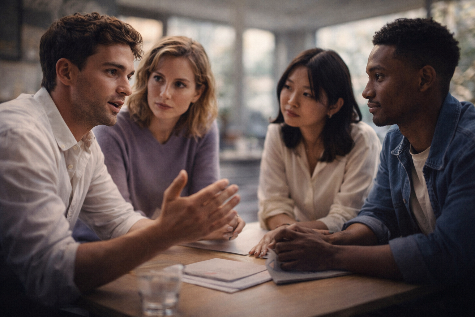 A fast-growing team of young professionals in a modern workspace shares a focused, creative conversation, reflecting agility, resilience, and strong communication in an evolving environment.