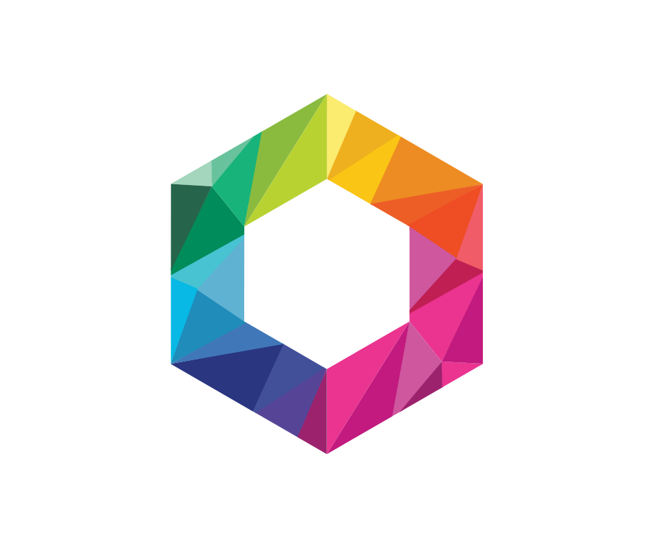 Colorful geometric logo with hexagonal design and vibrant rainbow colors.
